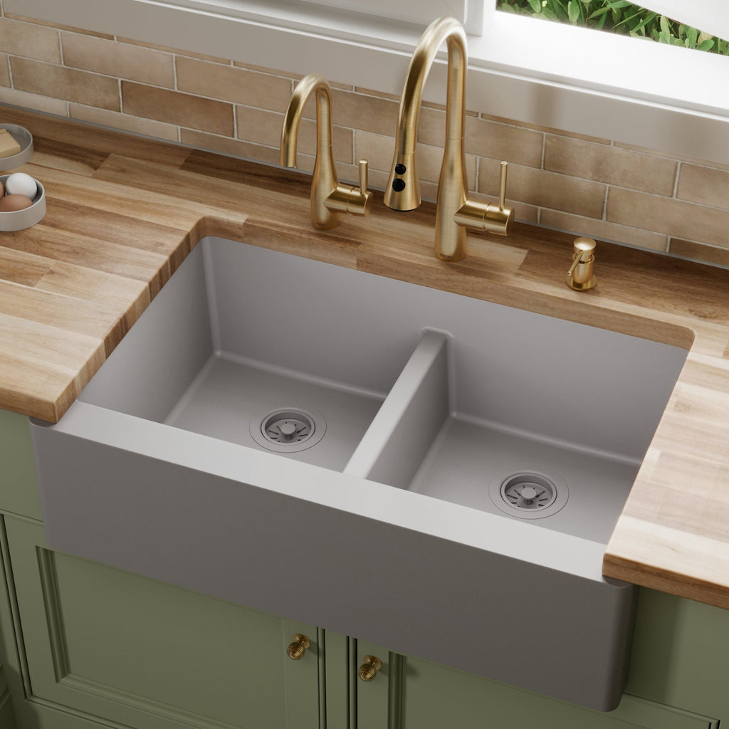 34" Farmhouse Double Equal Bowl Quartz Composite Kitchen Sink In Grey