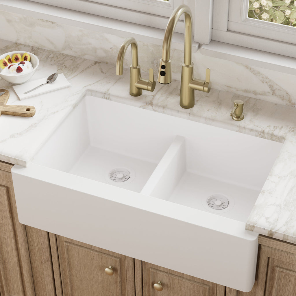 34" Farmhouse Double Equal Bowl Quartz Composite Kitchen Sink In White