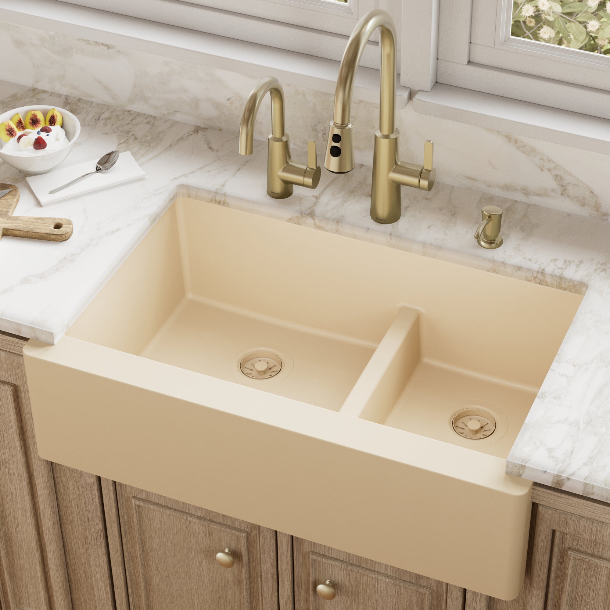 34" Farmhouse Double Offset Bowl Quartz Composite Kitchen Sink In Bisque