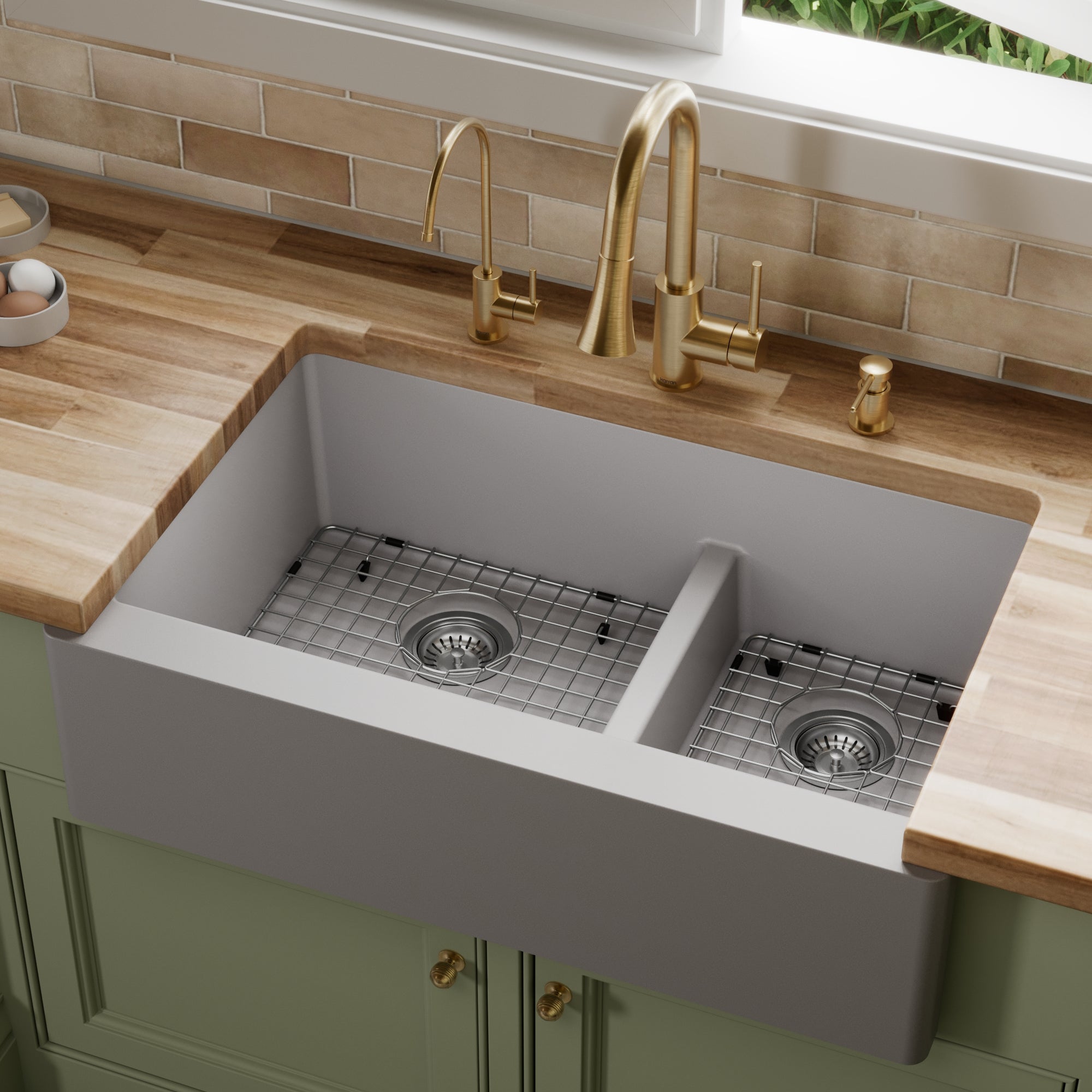 34" Farmhouse Double Offset Bowl Quartz Composite Kitchen Sink Kit In Grey