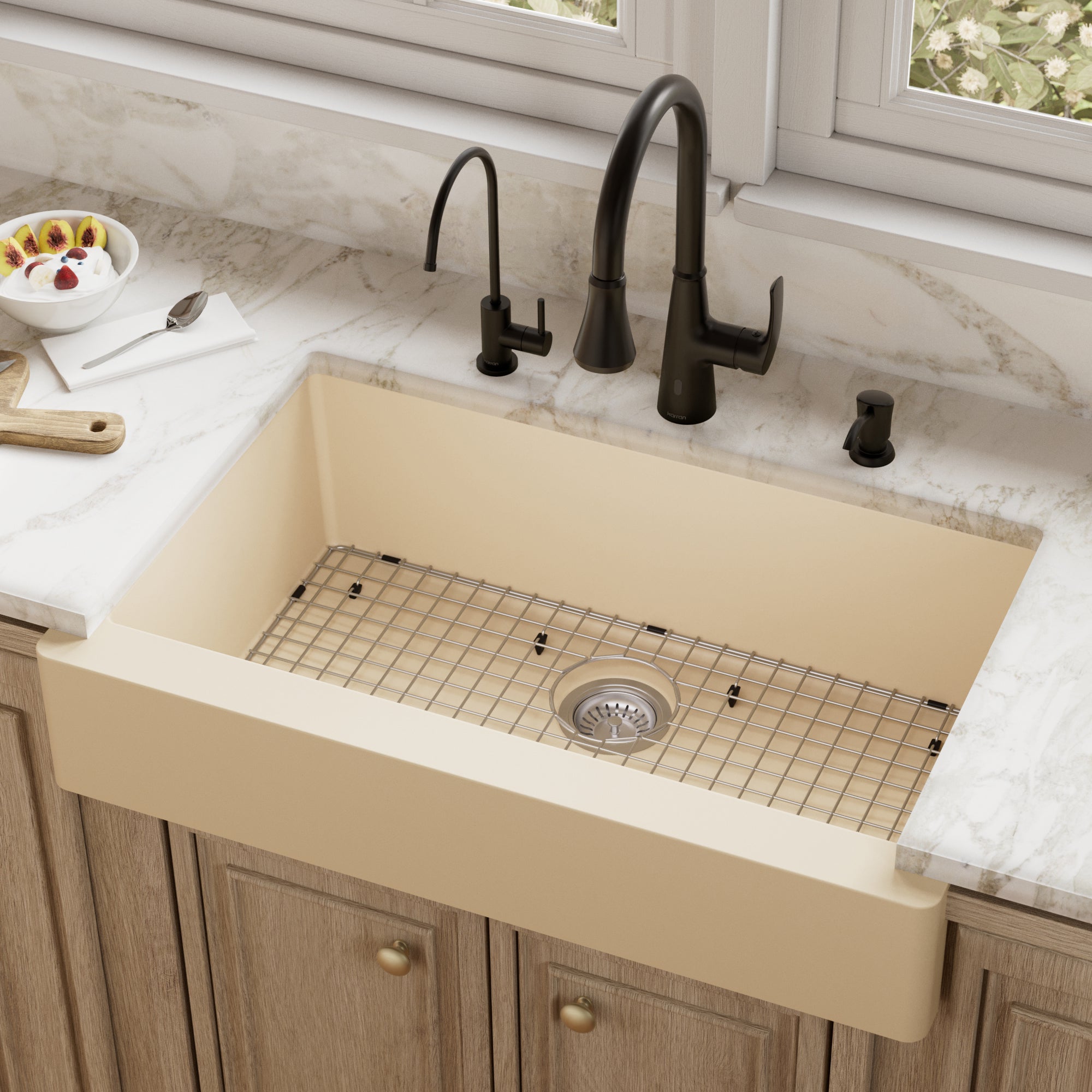 34" Retrofit Farmhouse Large Single Bowl Quartz Composite Kitchen Sink Kit In Bisque