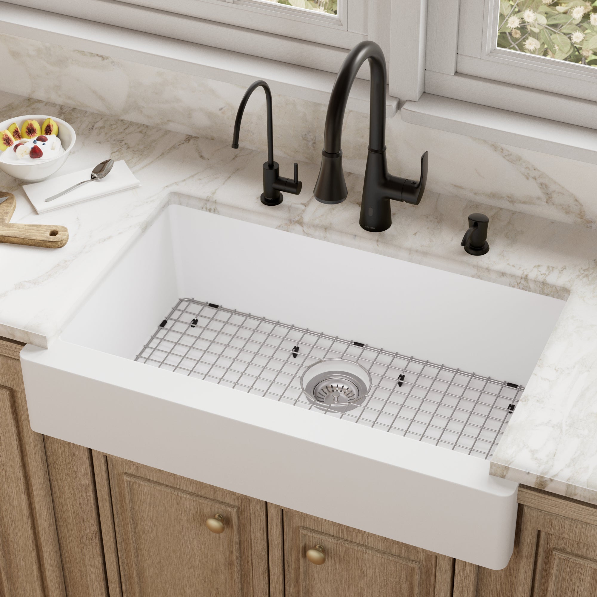 34" Retrofit Farmhouse Large Single Bowl Quartz Composite Kitchen Sink Kit In White