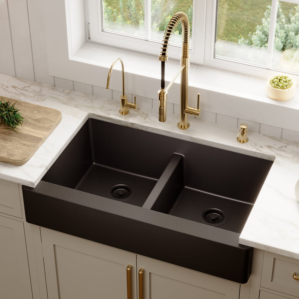 34" Retrofit Farmhouse Double Equal Bowl Quartz Composite Kitchen Sink In Black
