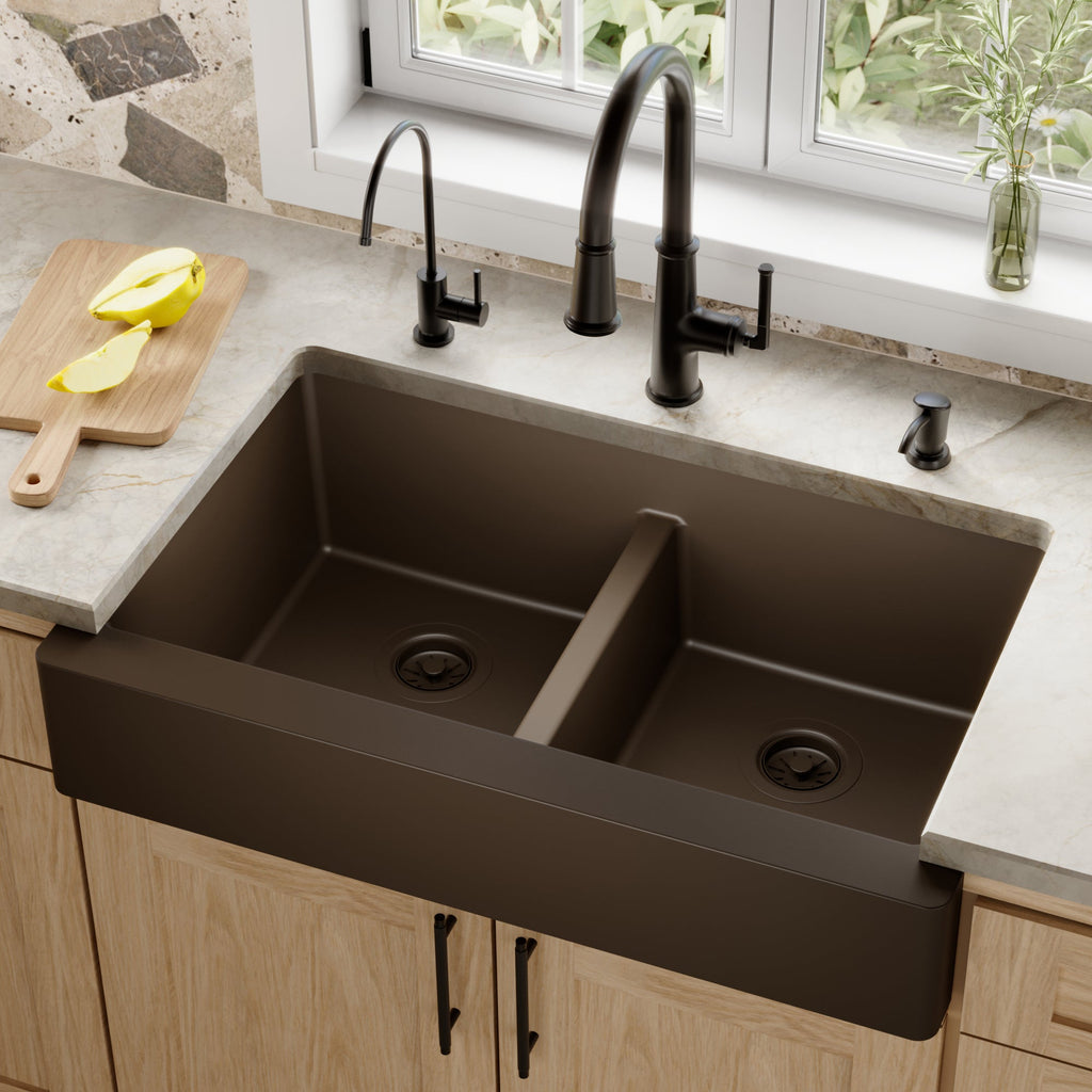 34" Retrofit Farmhouse Double Equal Bowl Quartz Composite Kitchen Sink In Brown