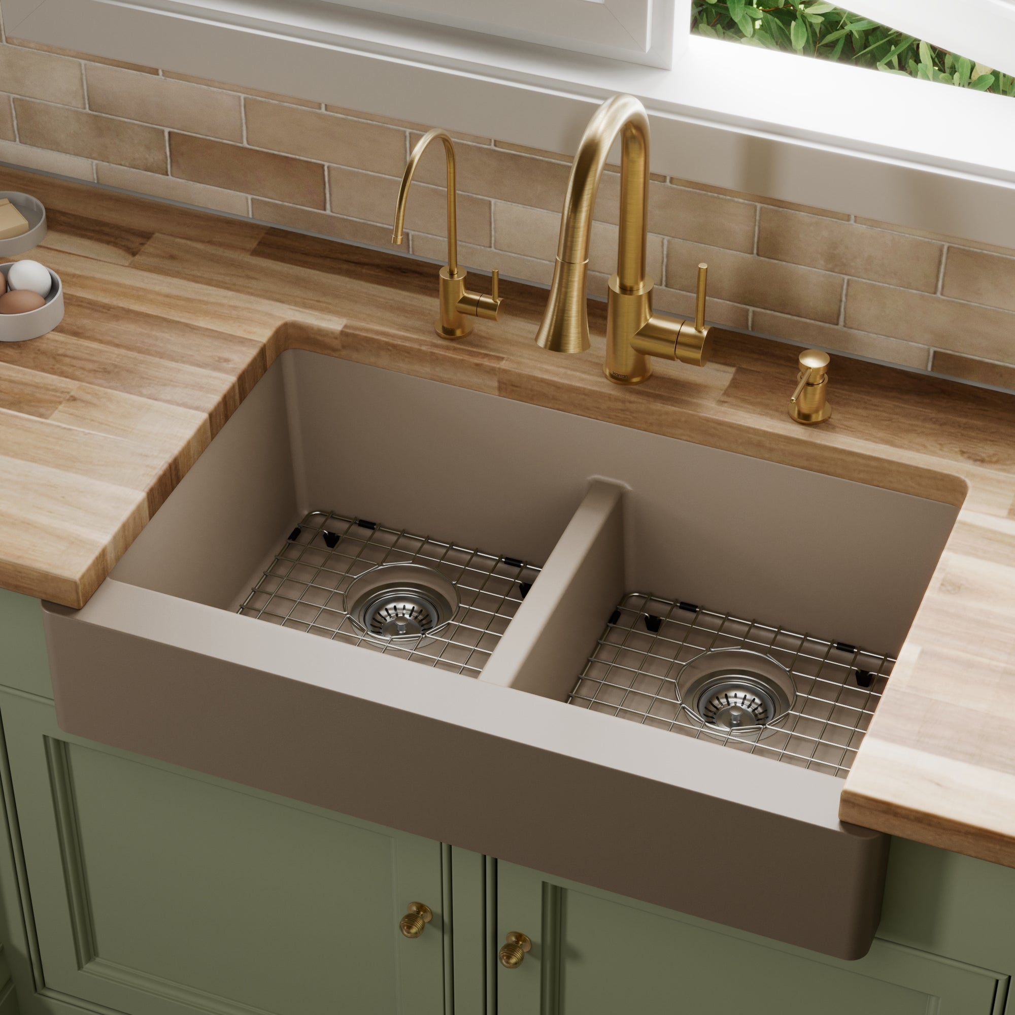 34" Retrofit Farmhouse Double Equal Bowl Quartz Composite Kitchen Sink Kit In Concrete