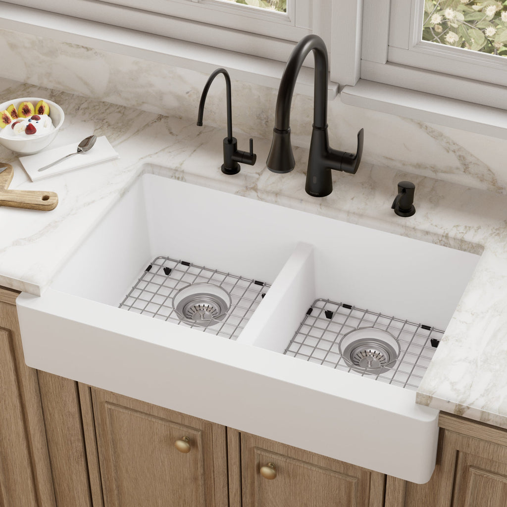 34" Retrofit Farmhouse Double Equal Bowl Quartz Composite Kitchen Sink Kit In White