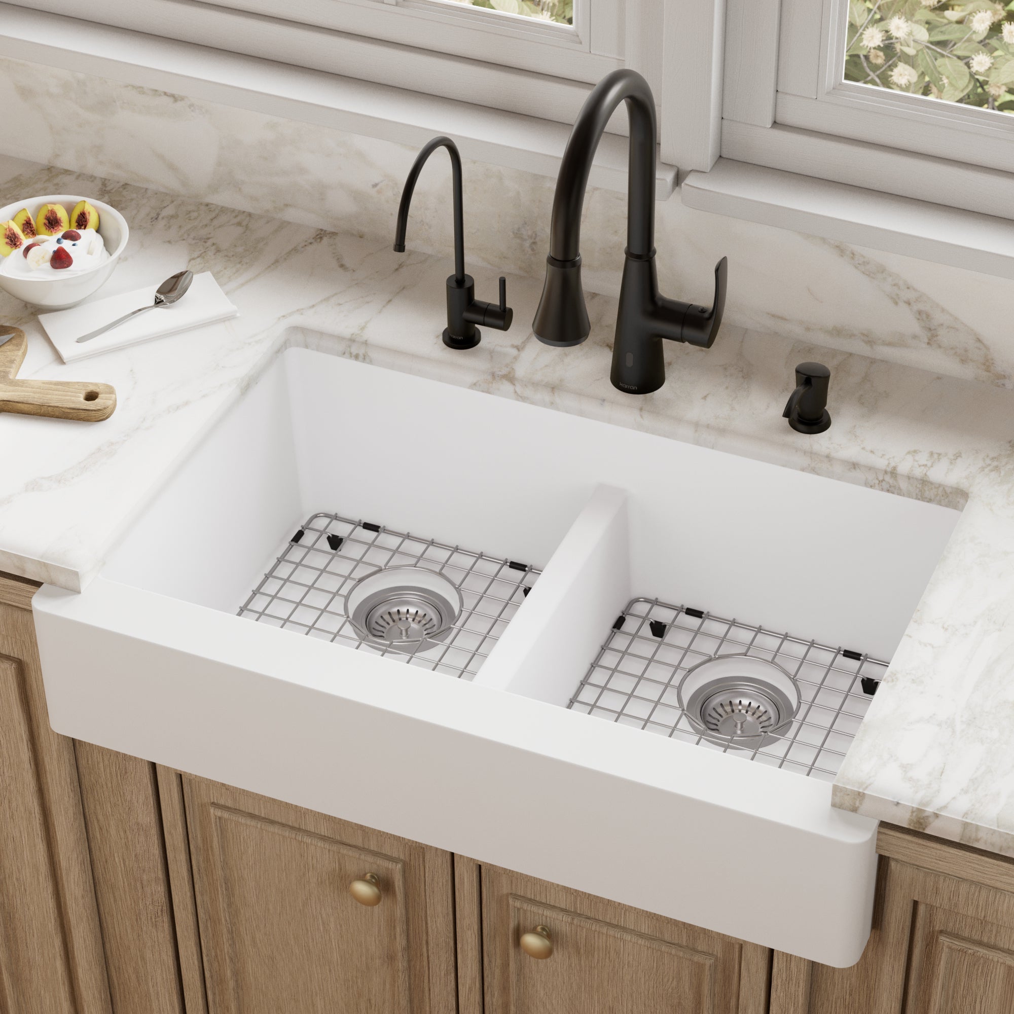 34" Retrofit Farmhouse Double Equal Bowl Quartz Composite Kitchen Sink Kit In White