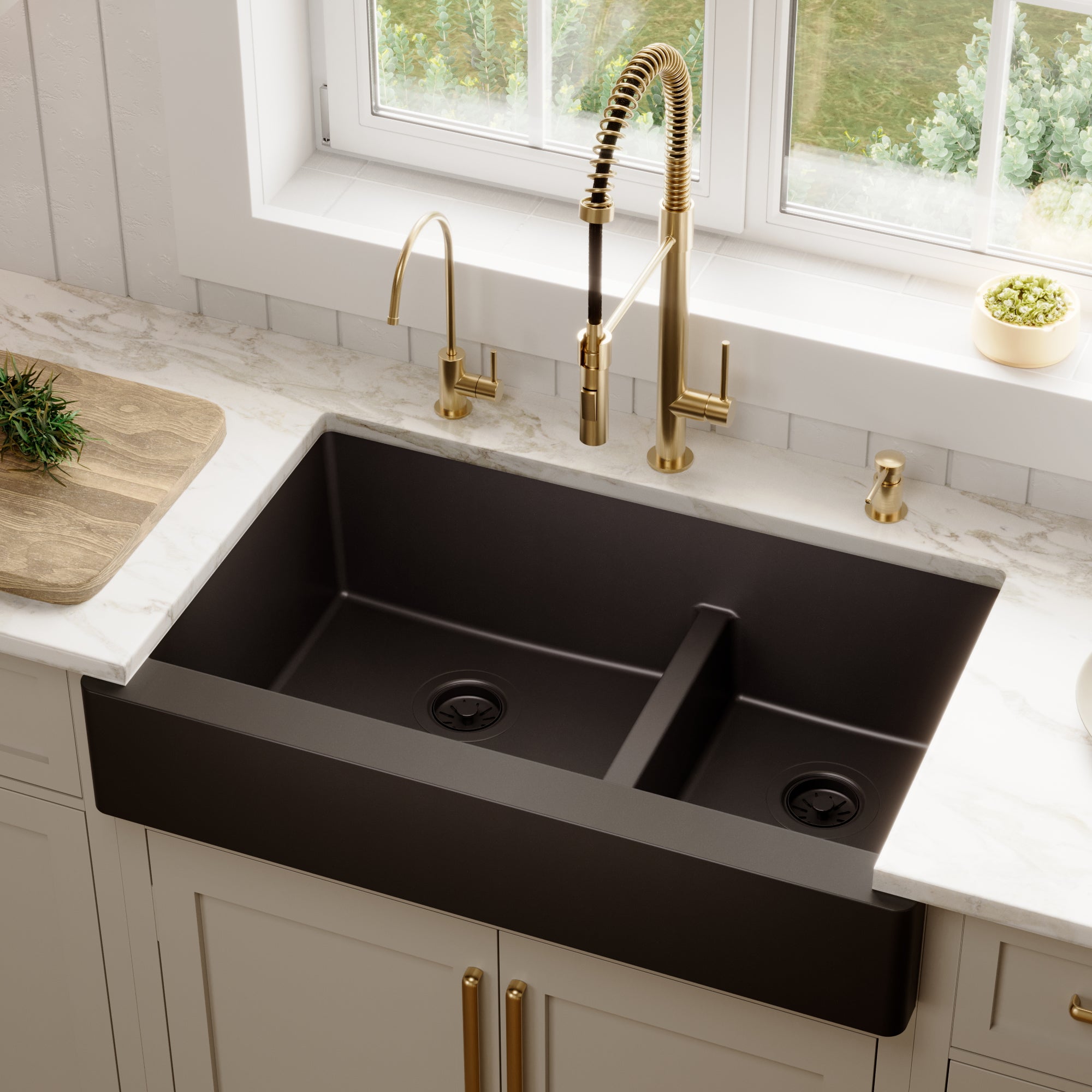 34" Retrofit Farmhouse Double Offset Bowl Quartz Composite Kitchen Sink In Black