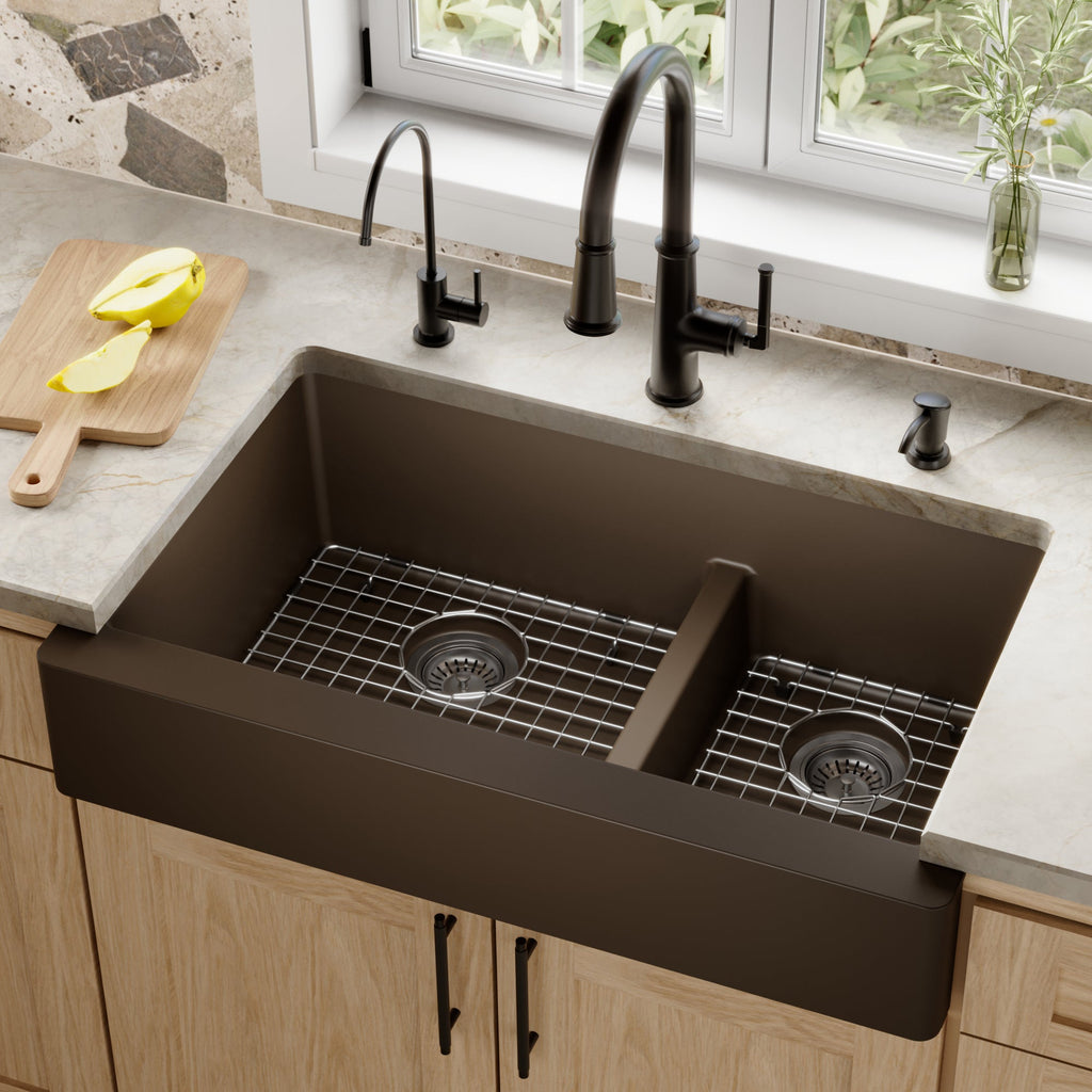 34" Retrofit Farmhouse Double Offset Bowl Quartz Composite Kitchen Sink Kit In Brown