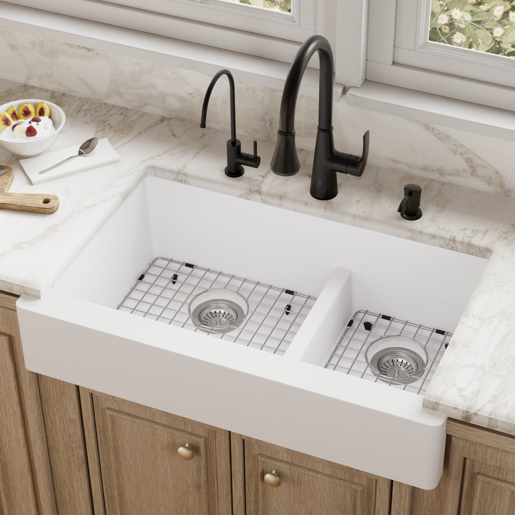 34" Retrofit Farmhouse Double Offset Bowl Quartz Composite Kitchen Sink Kit In White