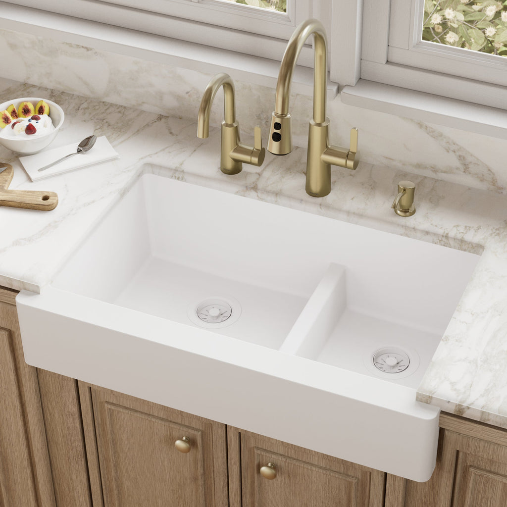 34" Retrofit Farmhouse Double Offset Bowl Quartz Composite Kitchen Sink In White