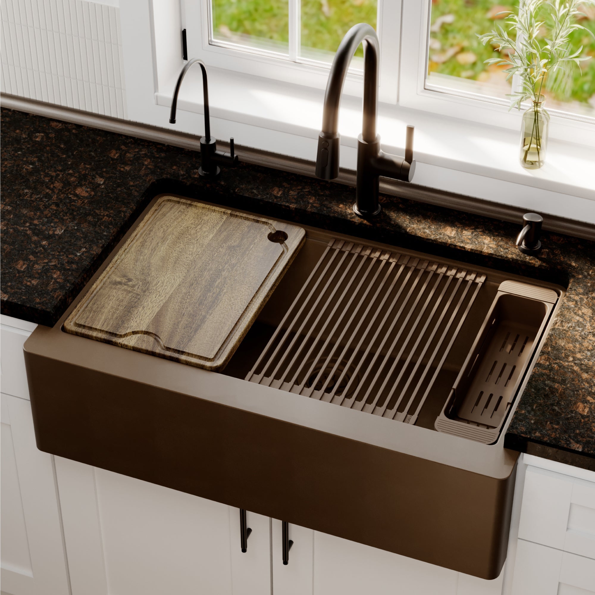 34" Deep Apron Front Single Bowl Quartz Kitchen Sink Kit In Brown
