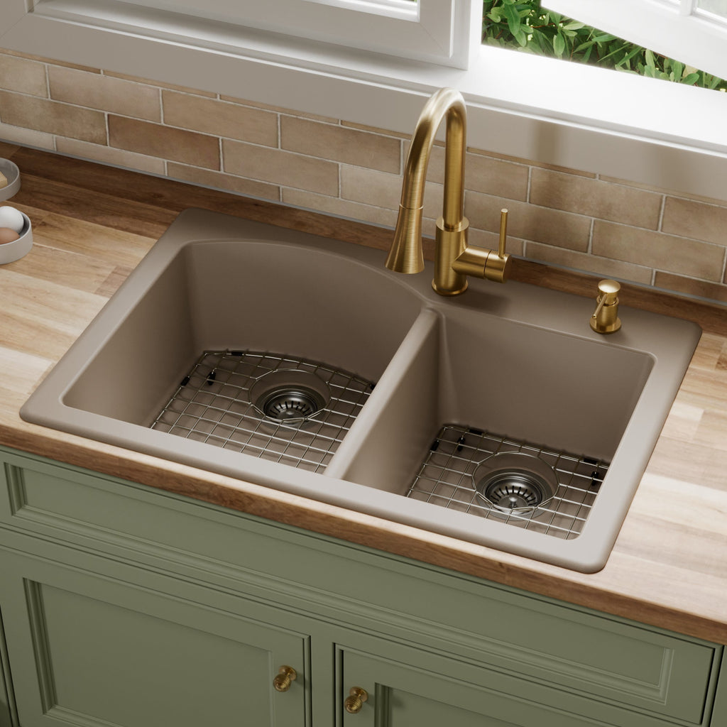 33" Top Mount Double Offset Bowl Quartz Composite Kitchen Sink Kit In Concrete