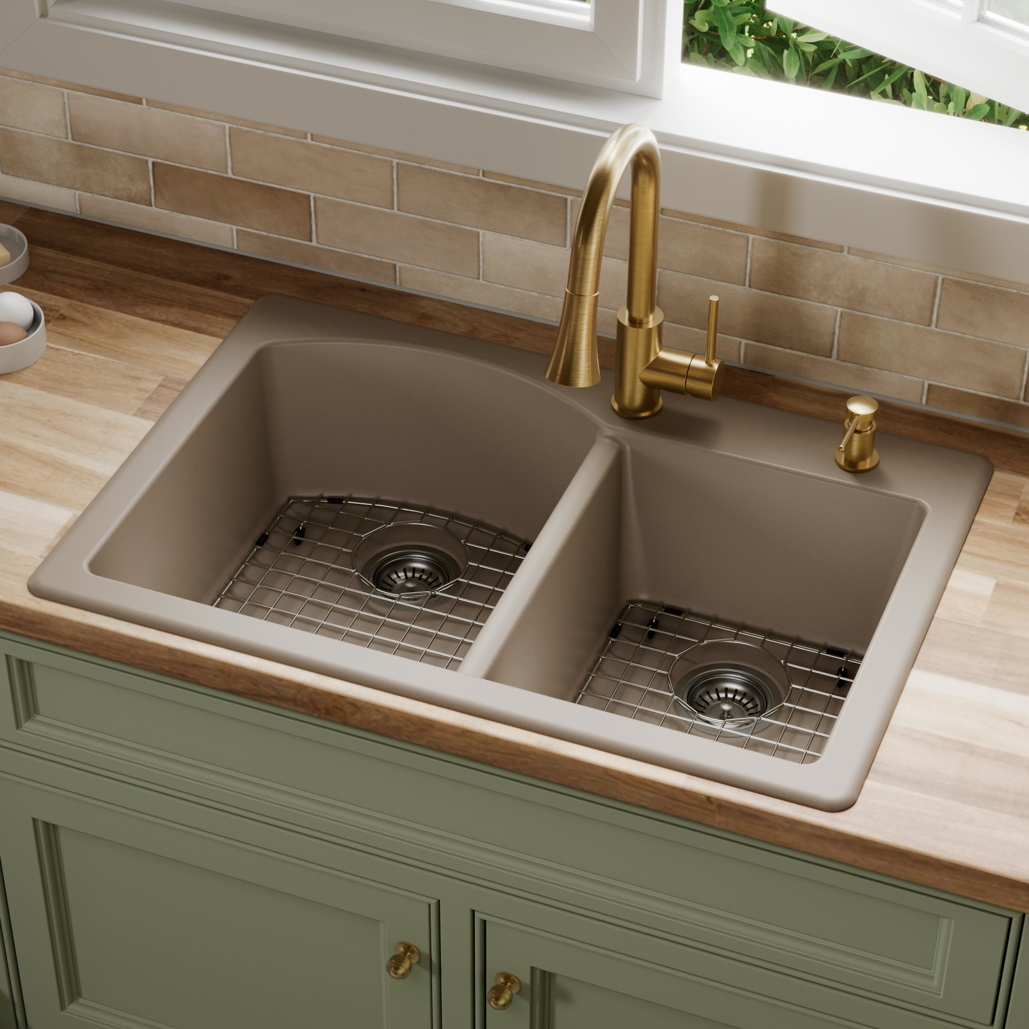 33" Top Mount Double Offset Bowl Quartz Composite Kitchen Sink Kit In Concrete