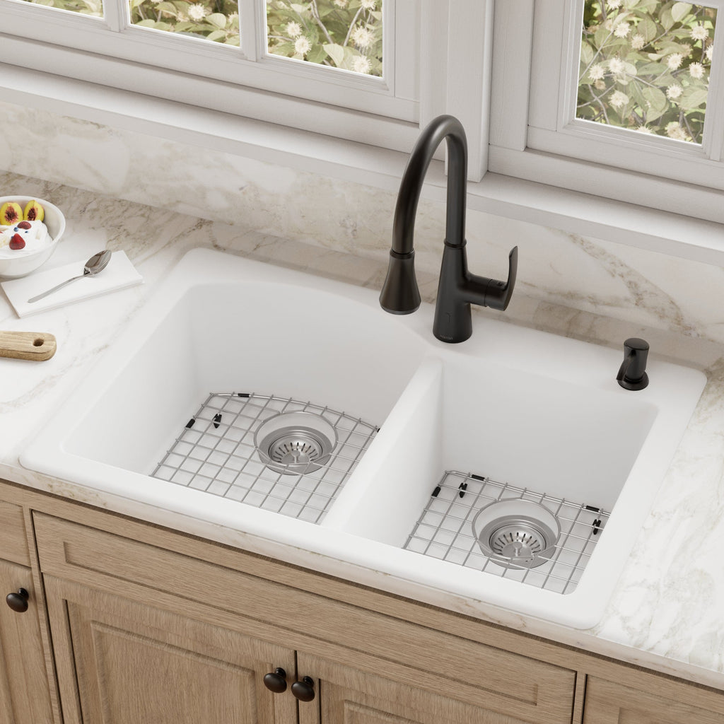 33" Top Mount Double Offset Bowl Quartz Composite Kitchen Sink Kit In White