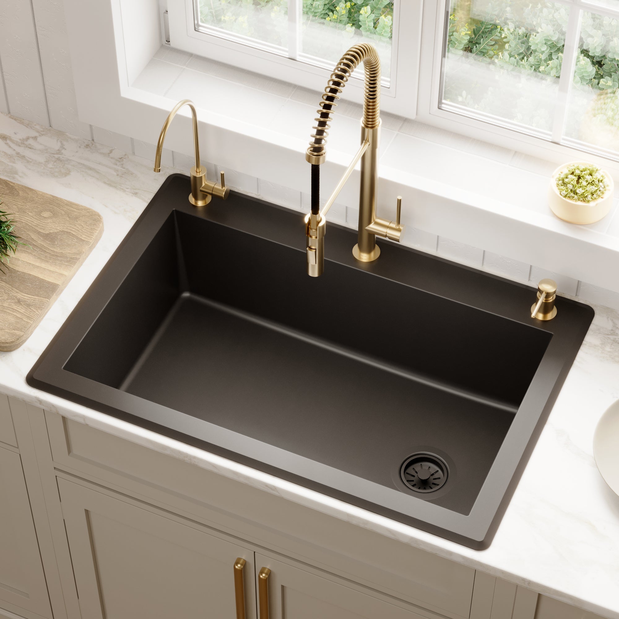33" Top Mount Large Single Bowl Quartz Composite Kitchen Sink Kit In Black