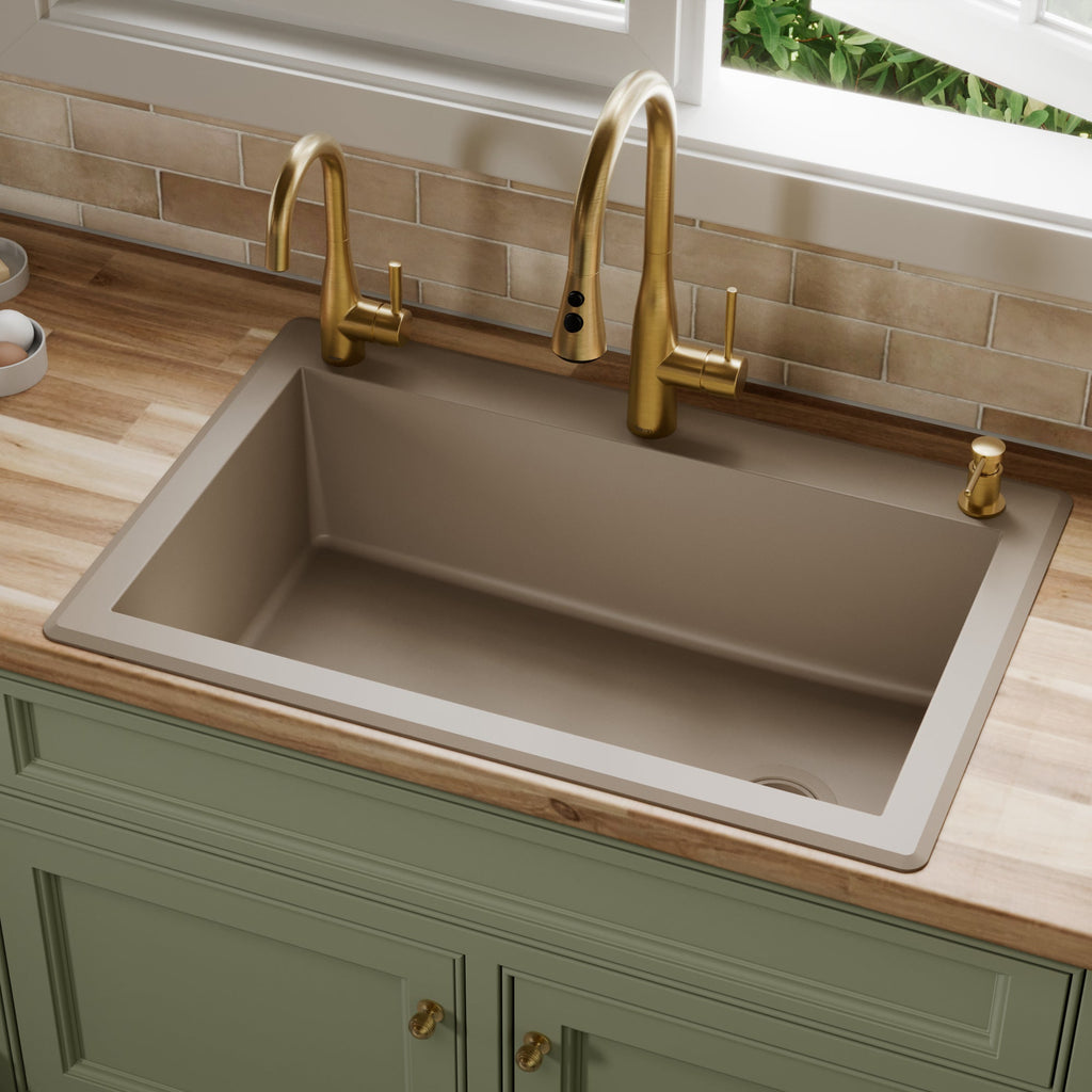 33" Top Mount Large Single Bowl Quartz Composite Kitchen Sink In Concrete