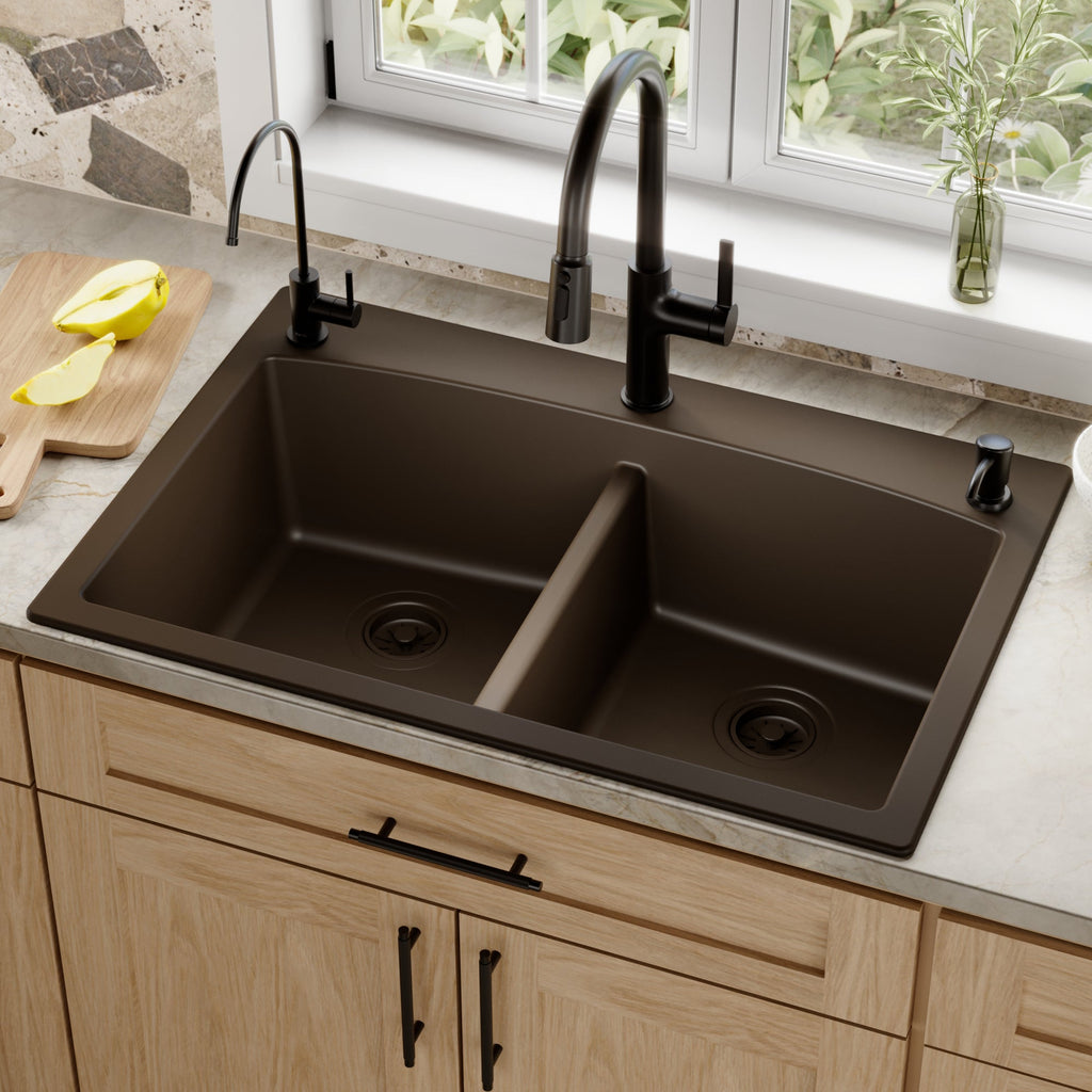 33" Top Mount Double Equal Bowl Quartz Composite Kitchen Sink In Brown
