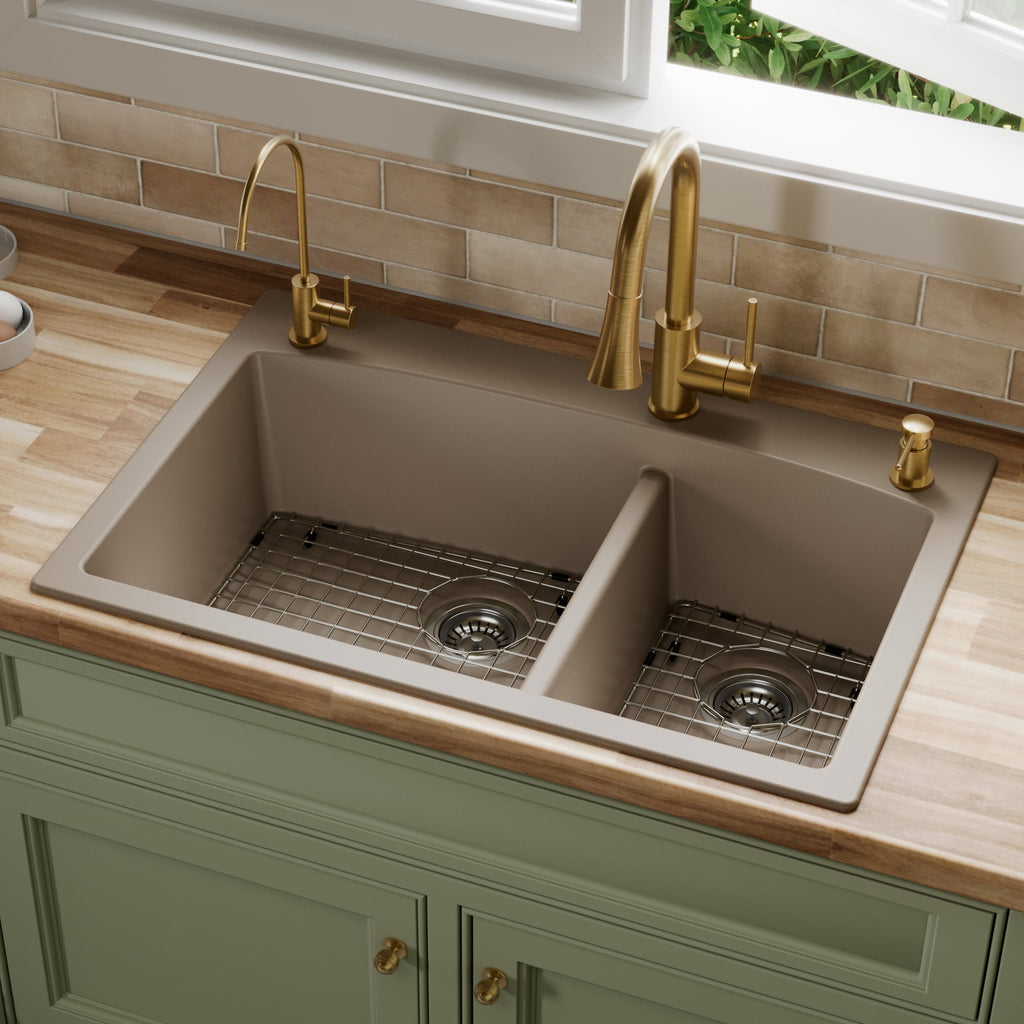 33" Top Mount Double Offset Bowl Quartz Composite Kitchen Sink Kit In Concrete