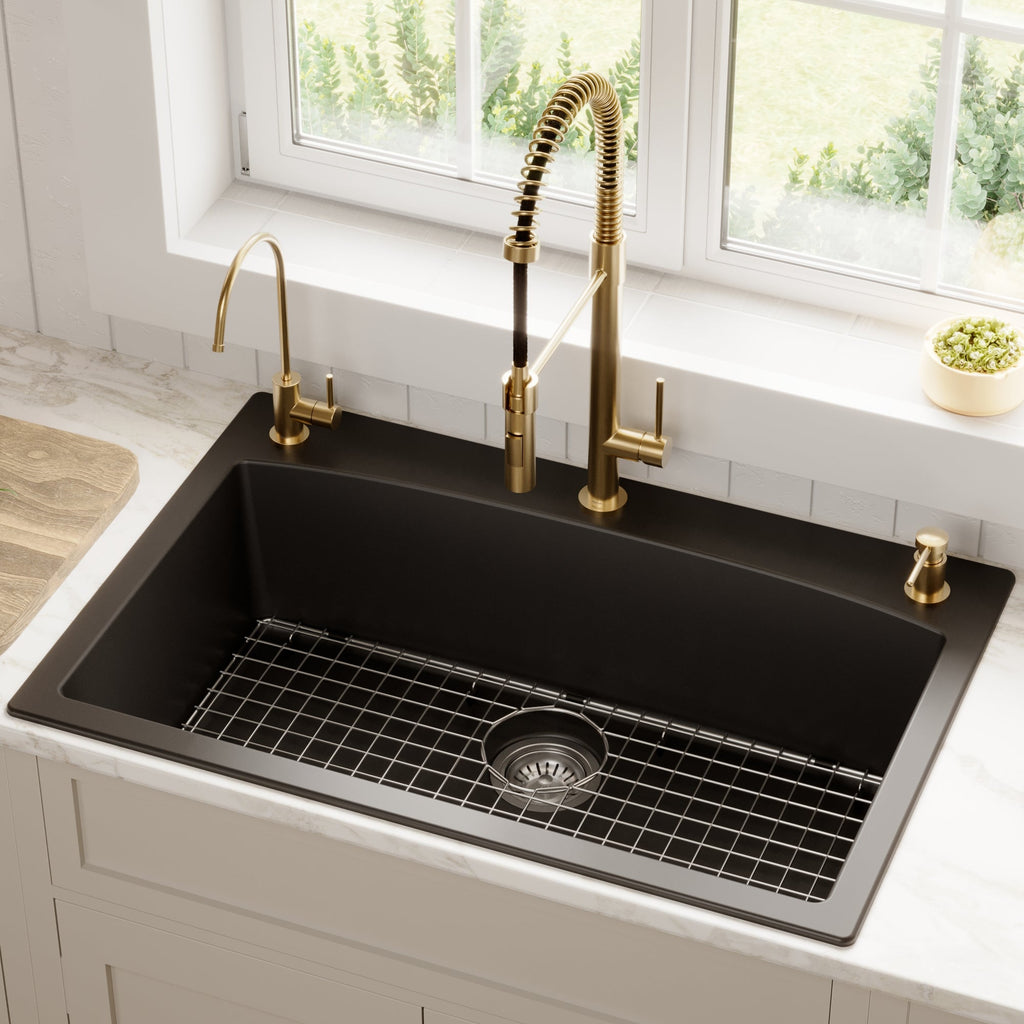 33" Top Mount Large Single Bowl Quartz Composite Kitchen Sink Kit In Black
