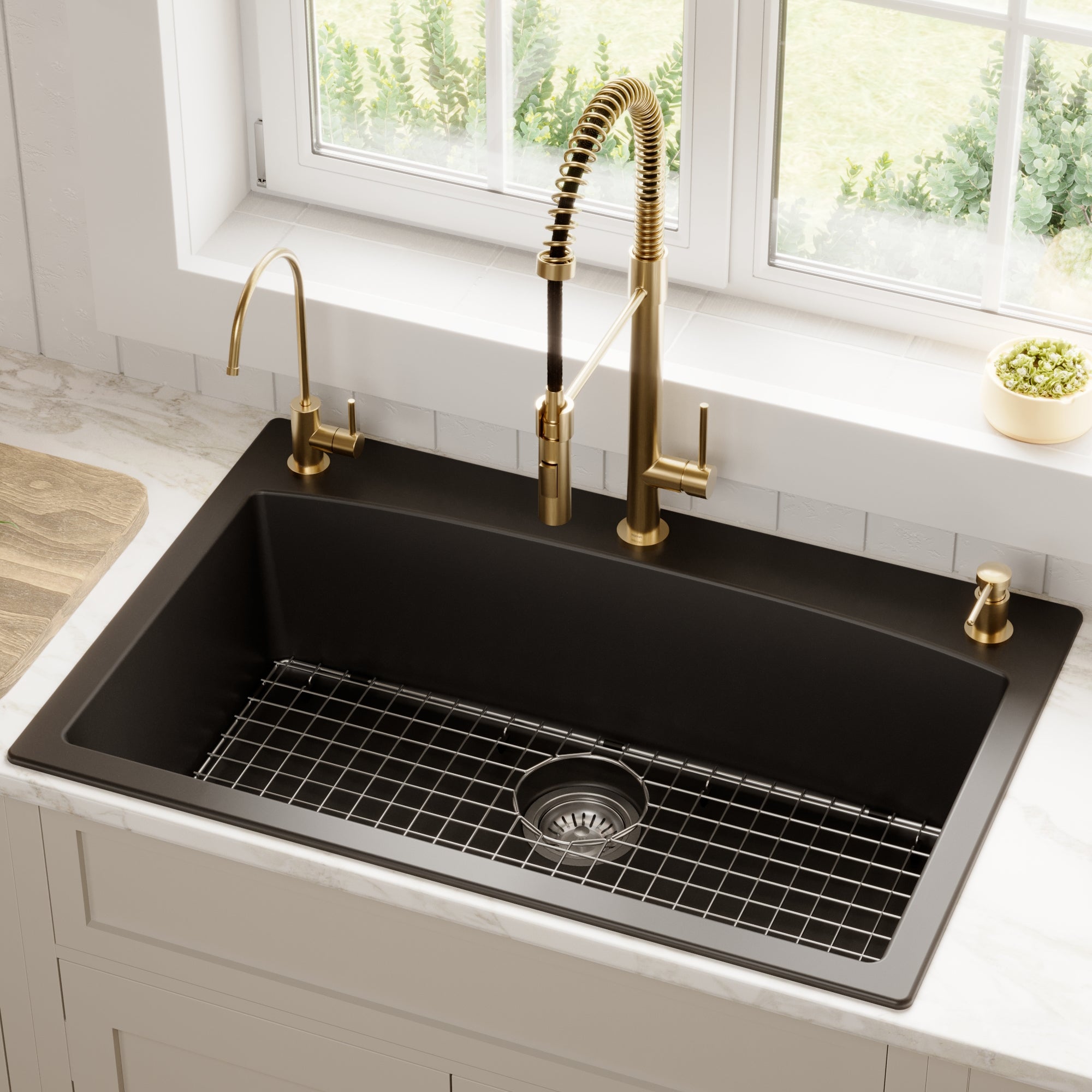 33" Top Mount Large Single Bowl Quartz Composite Kitchen Sink Kit In Black