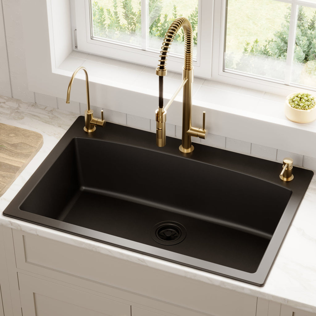 33" Top Mount Large Single Bowl Quartz Composite Kitchen Sink In Black