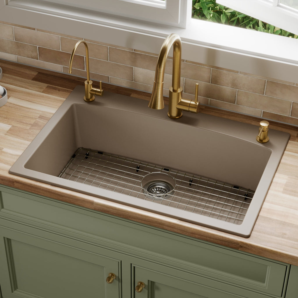 33" Top Mount Large Single Bowl Quartz Composite Kitchen Sink Kit Concrete