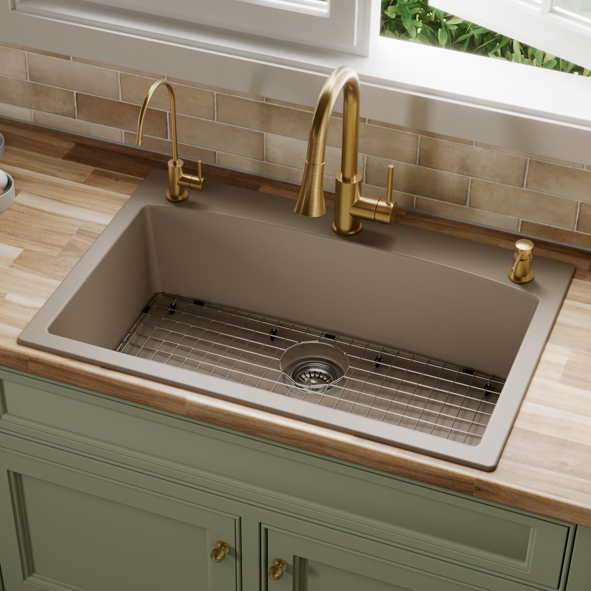 33" Top Mount Large Single Bowl Quartz Composite Kitchen Sink Kit Concrete