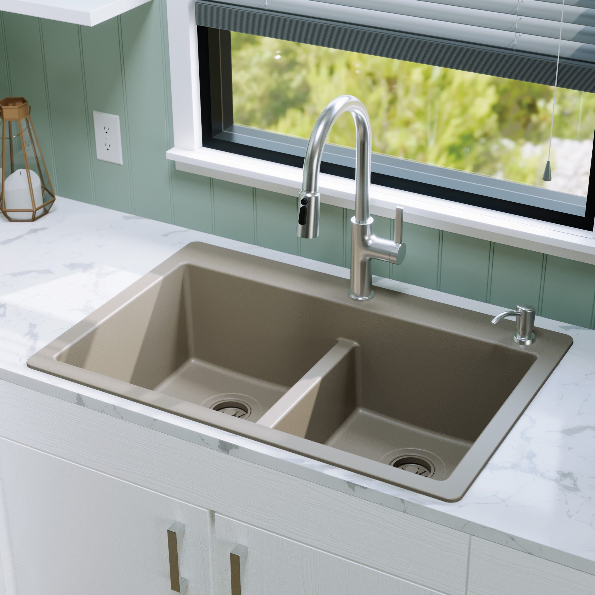33" Top Mount Double Bowl Quartz Composite Kitchen Sink In Concrete