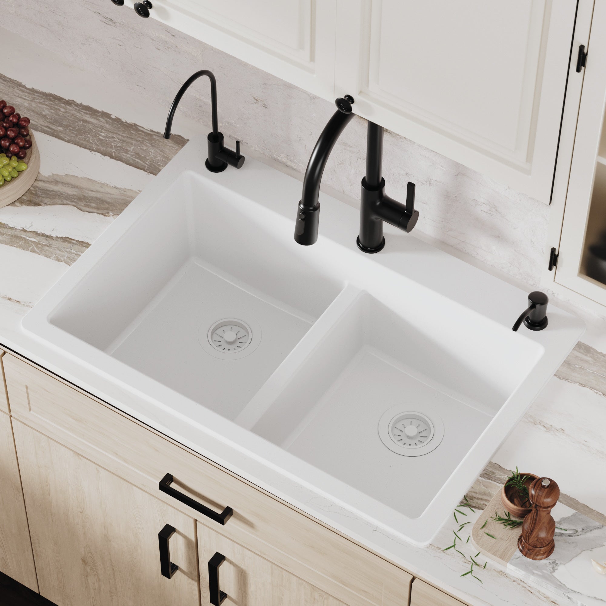 33" Top Mount Double Bowl Quartz Composite Kitchen Sink In White