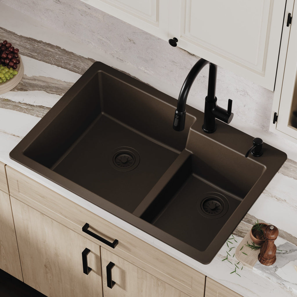 33" Top Mount Double Offset Bowl Quartz Composite Kitchen Sink In Brown