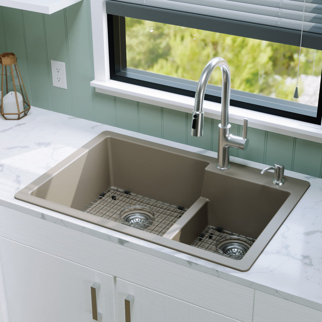 33" Top Mount Double Offset Bowl Quartz Composite Kitchen Sink Kit In Concrete