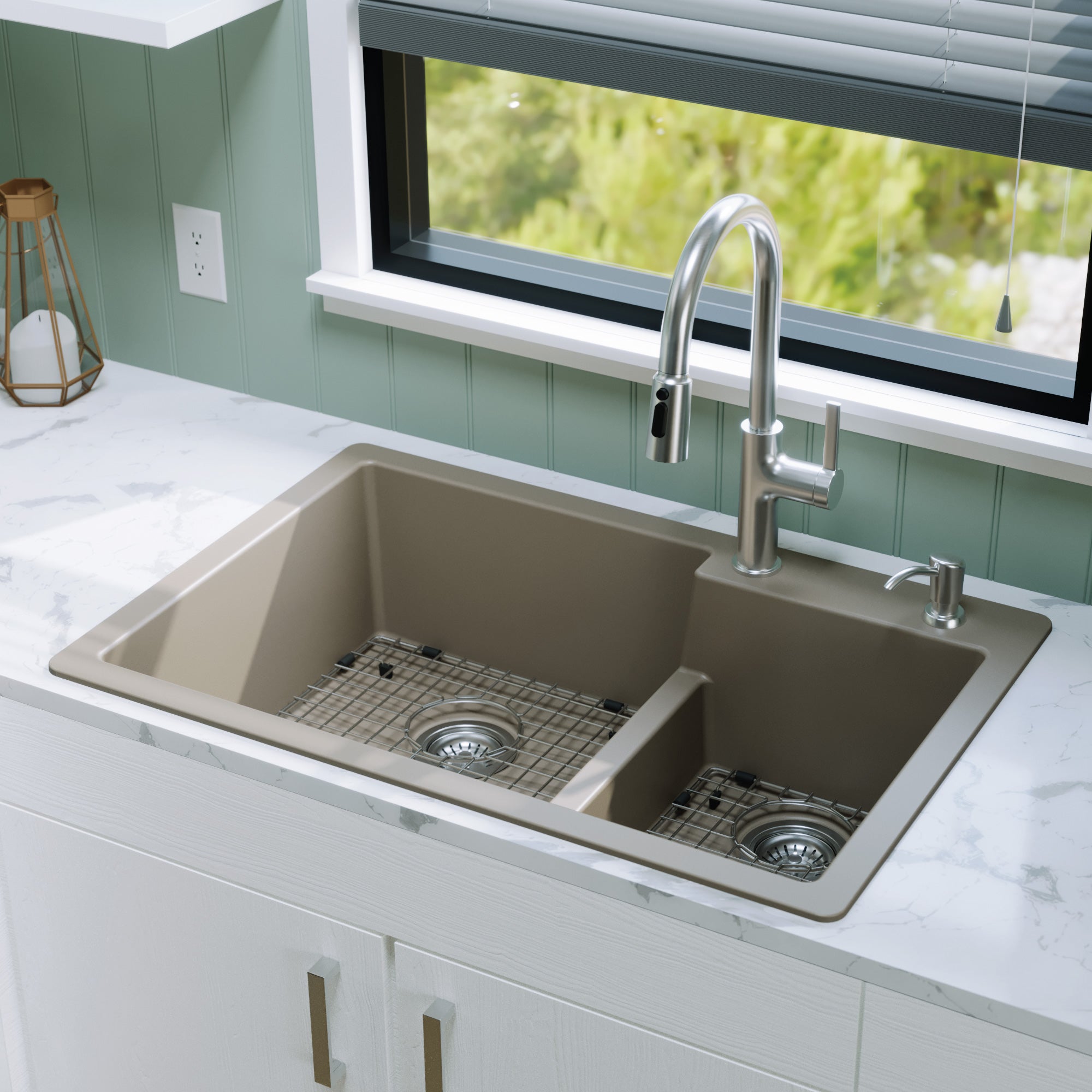 33" Top Mount Double Offset Bowl Quartz Composite Kitchen Sink Kit In Concrete