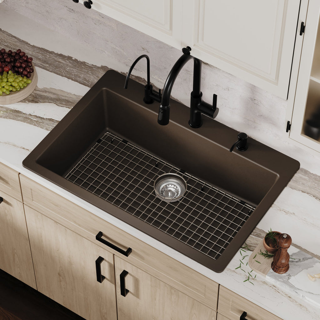 33" Top Mount Large Single Bowl Quartz Composite Kitchen Sink Kit In Brown