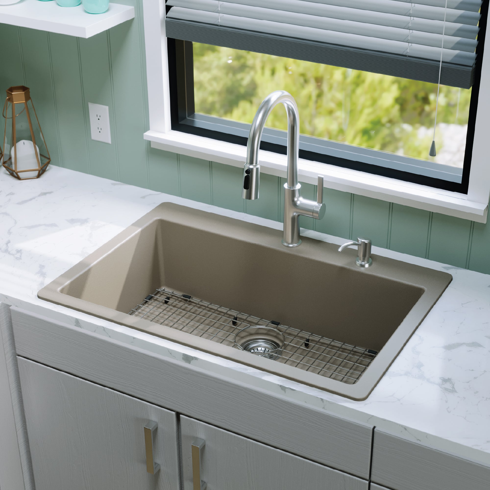 33" Top Mount Large Single Bowl Quartz Composite Kitchen Sink Kit In Concrete