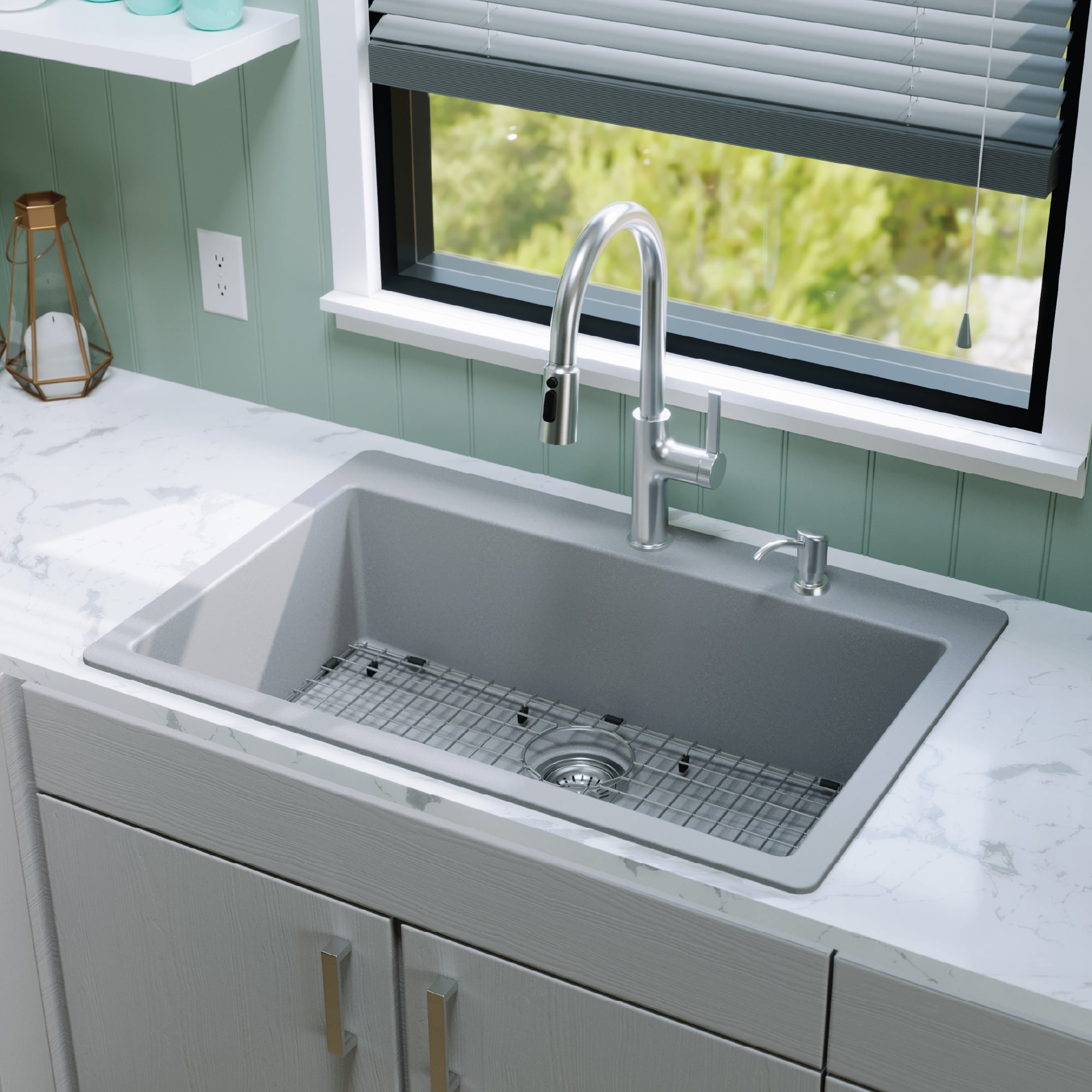 33" Top Mount Large Single Bowl Quartz Composite Kitchen Sink Kit In Grey