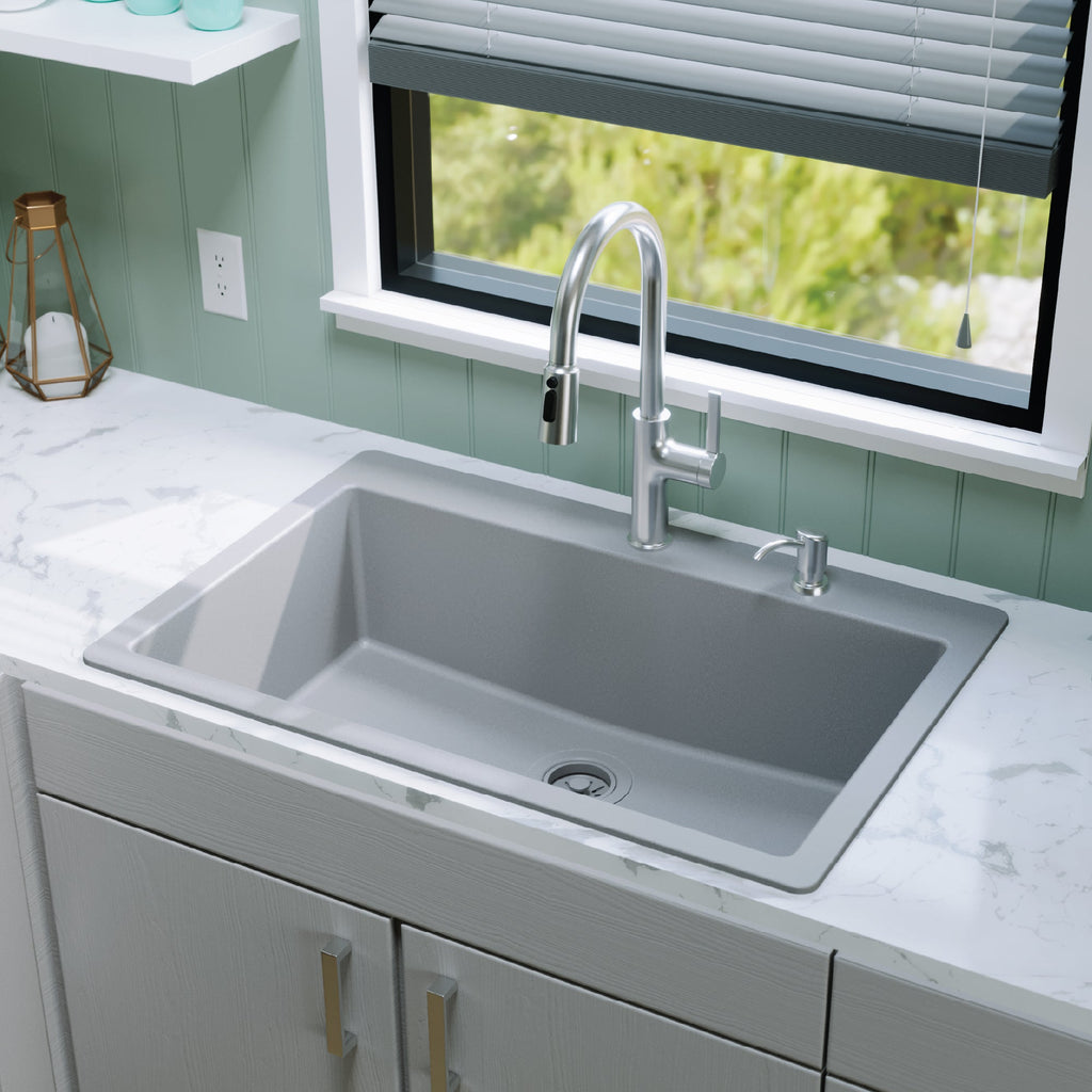 33" Top Mount Large Single Bowl Quartz Composite Kitchen Sink In Grey
