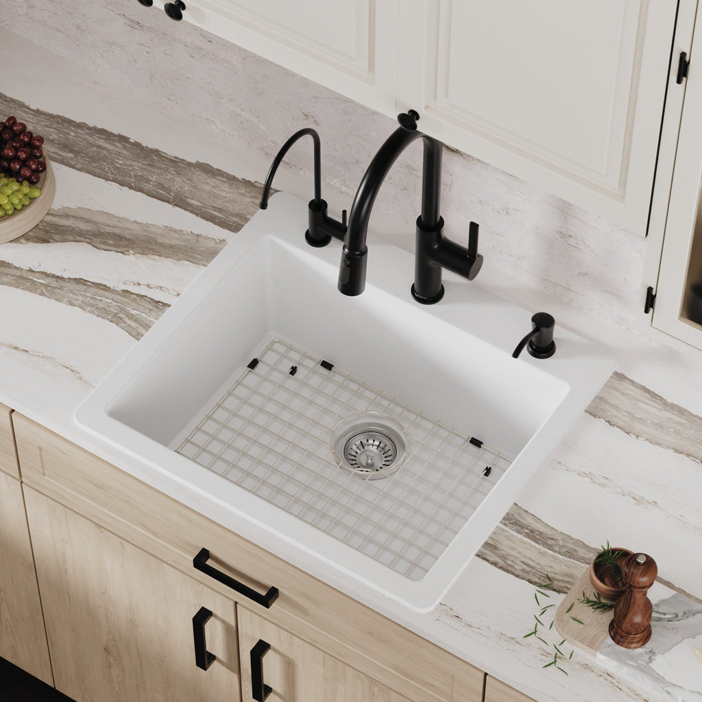 25" Top Mount Single Bowl Quartz Composite Kitchen Sink Kit In White