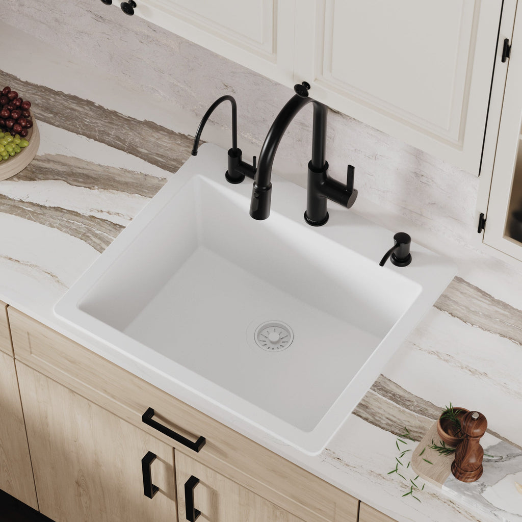 25" Top Mount Single Bowl Quartz Composite Kitchen Sink In White