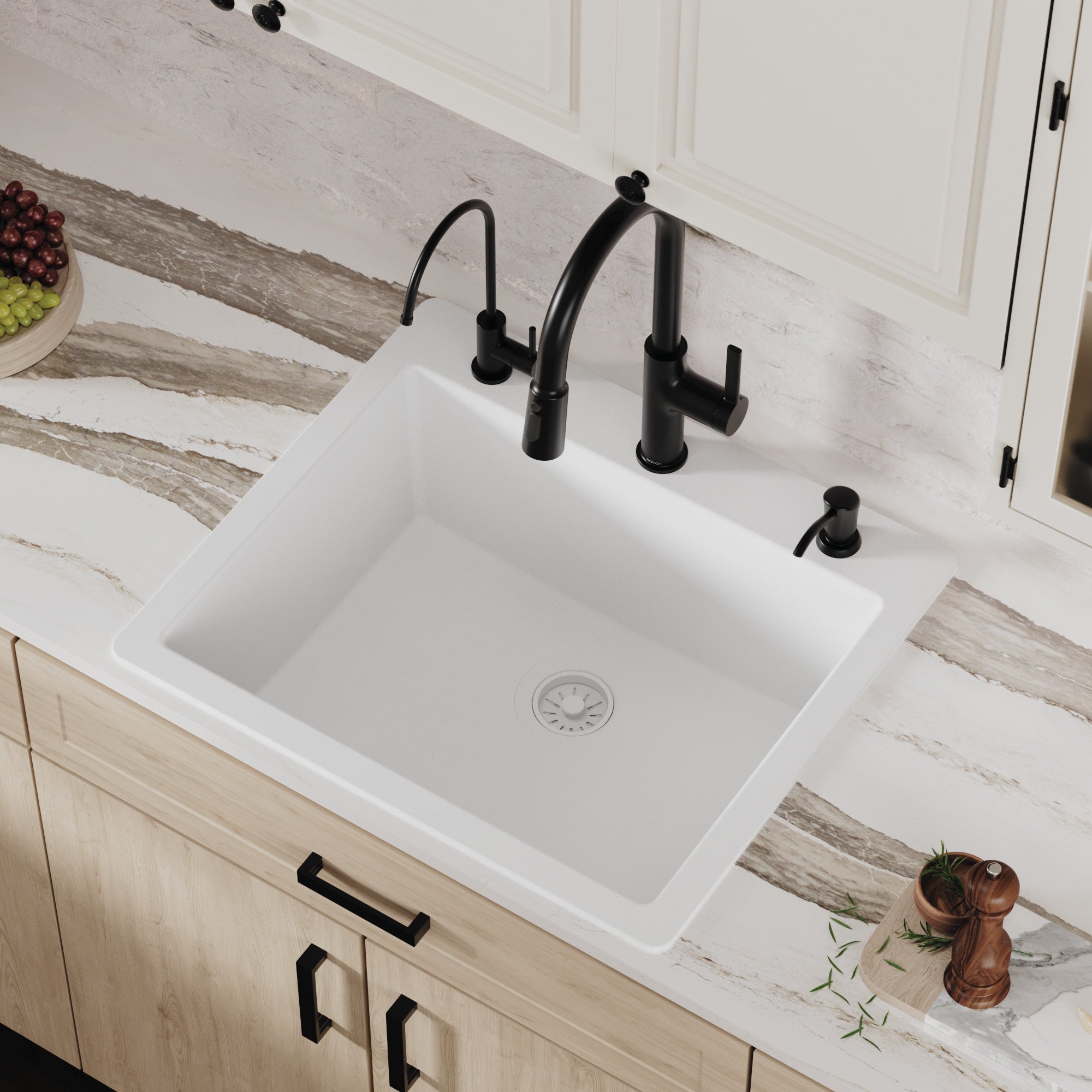 25" Top Mount Single Bowl Quartz Composite Kitchen Sink In White