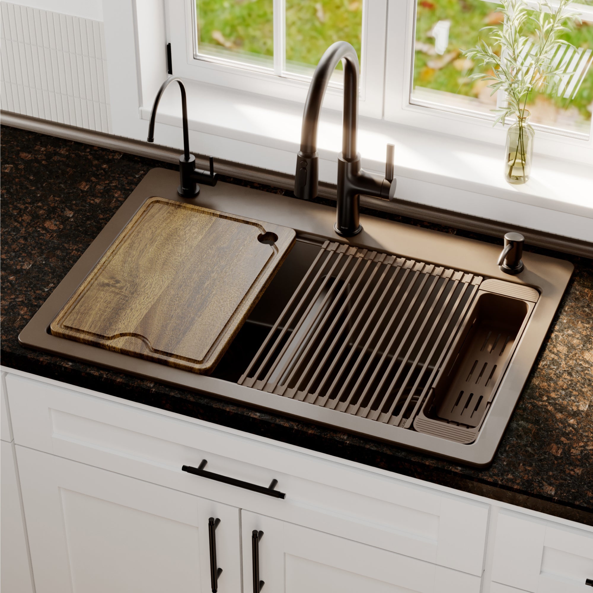33" Top Mount Double Bowl Quartz Kitchen Sink Kit In Brown