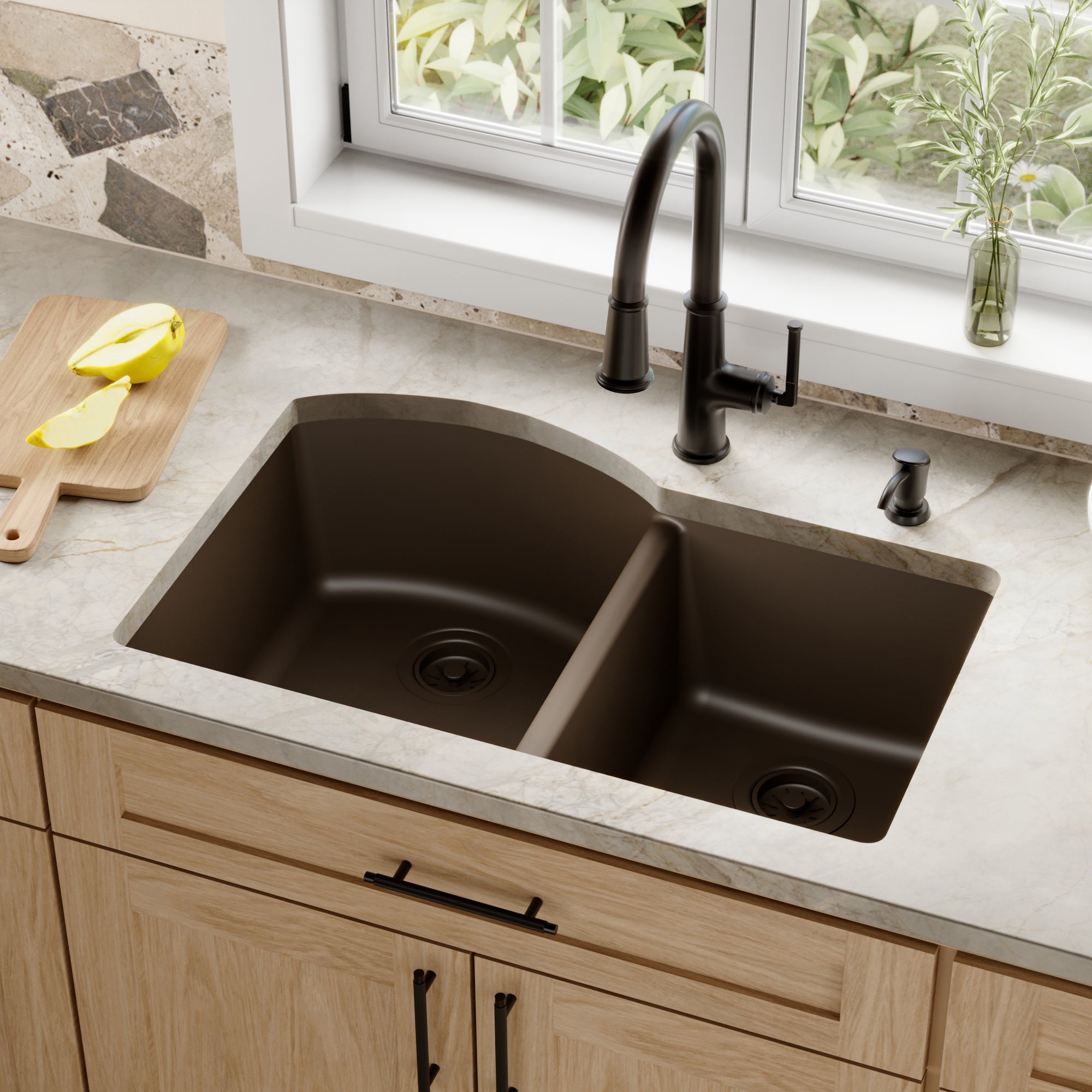 32-1/4" Undermount Double Offset Bowl Quartz Composite Kitchen Sink In Brown