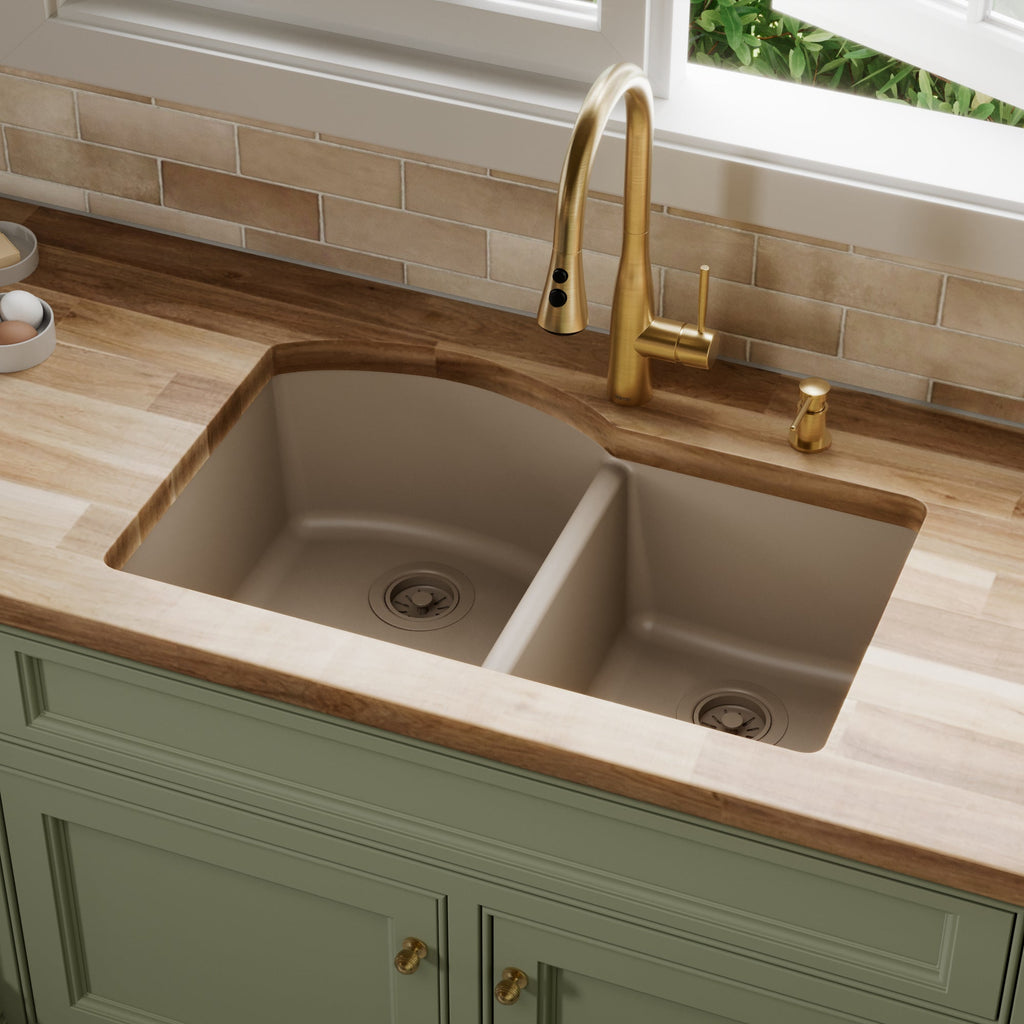 32-1/4" Undermount Double Offset Bowl Quartz Composite Kitchen Sink In Concrete