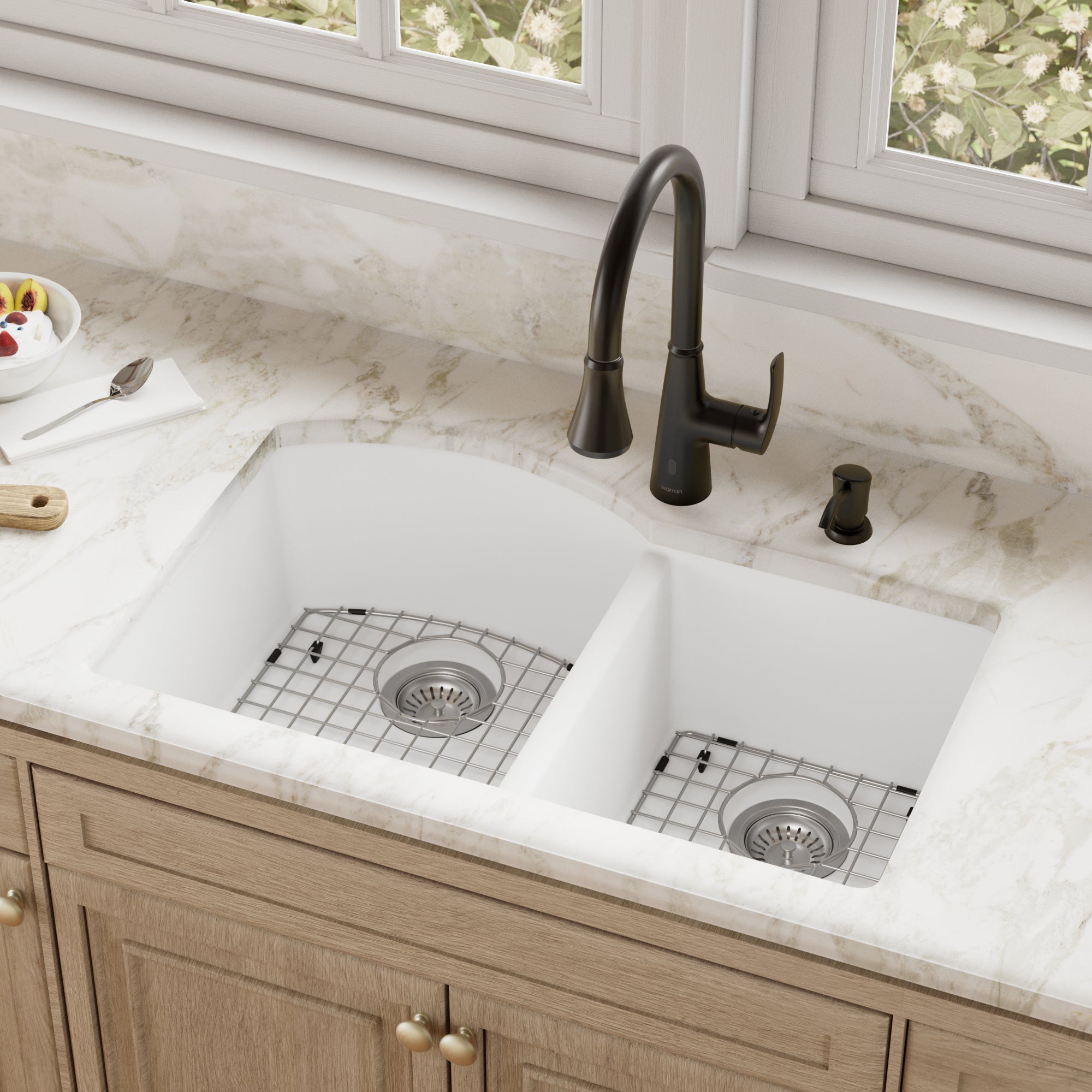 32-1/4" Undermount Double Offset Bowl Quartz Composite Kitchen Sink Kit In White