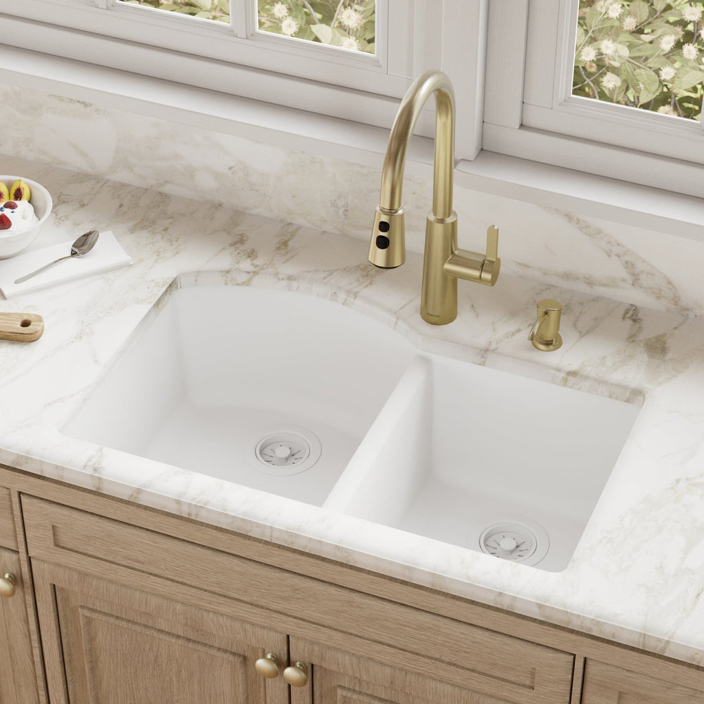 32-1/4" Undermount Double Offset Bowl Quartz Composite Kitchen Sink In White