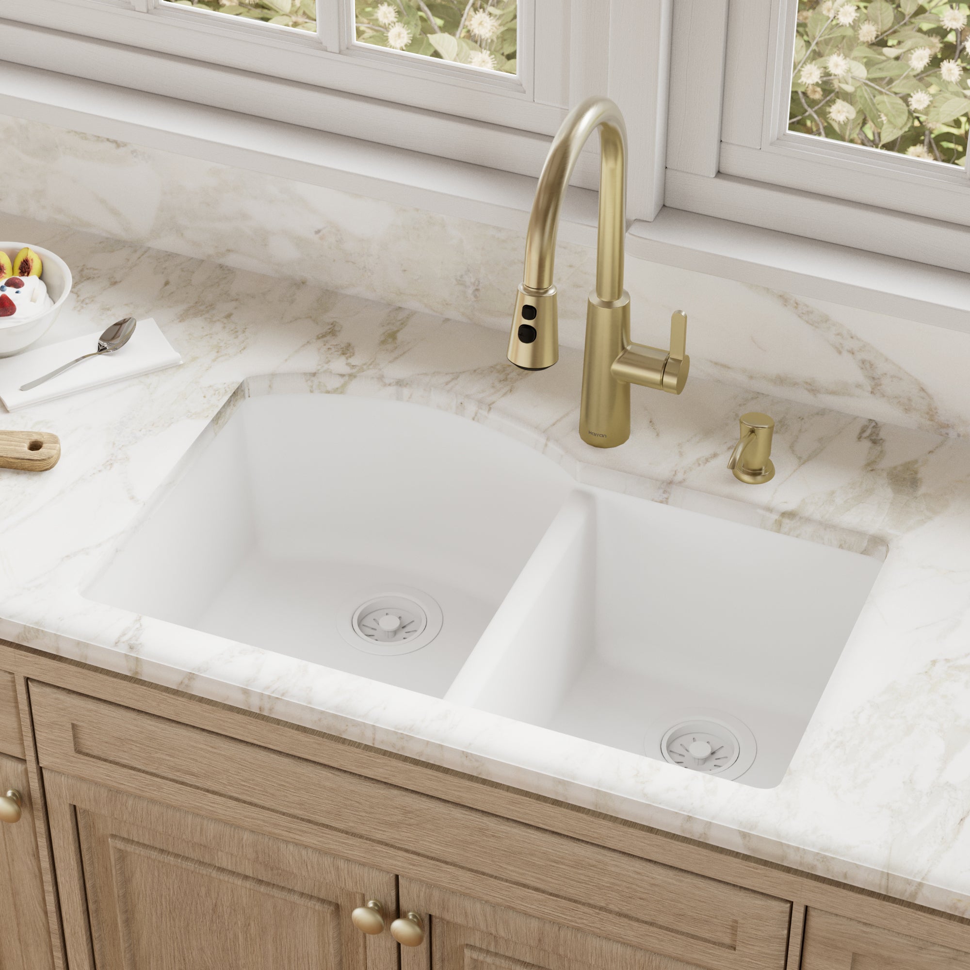 32-1/4" Undermount Double Offset Bowl Quartz Composite Kitchen Sink In White
