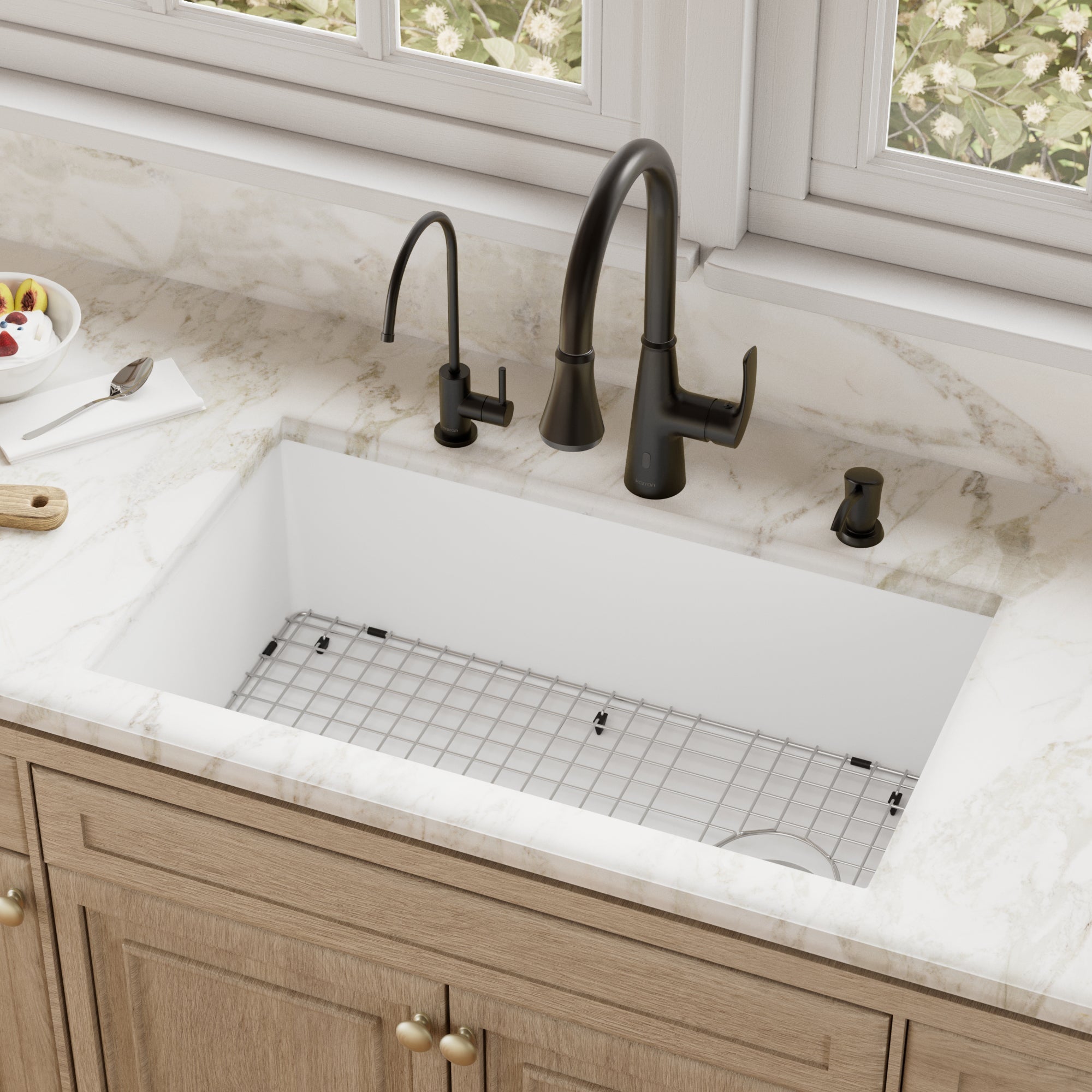 31-5/8" Undermount Large Single Bowl Quartz Composite Kitchen Sink Kit In White