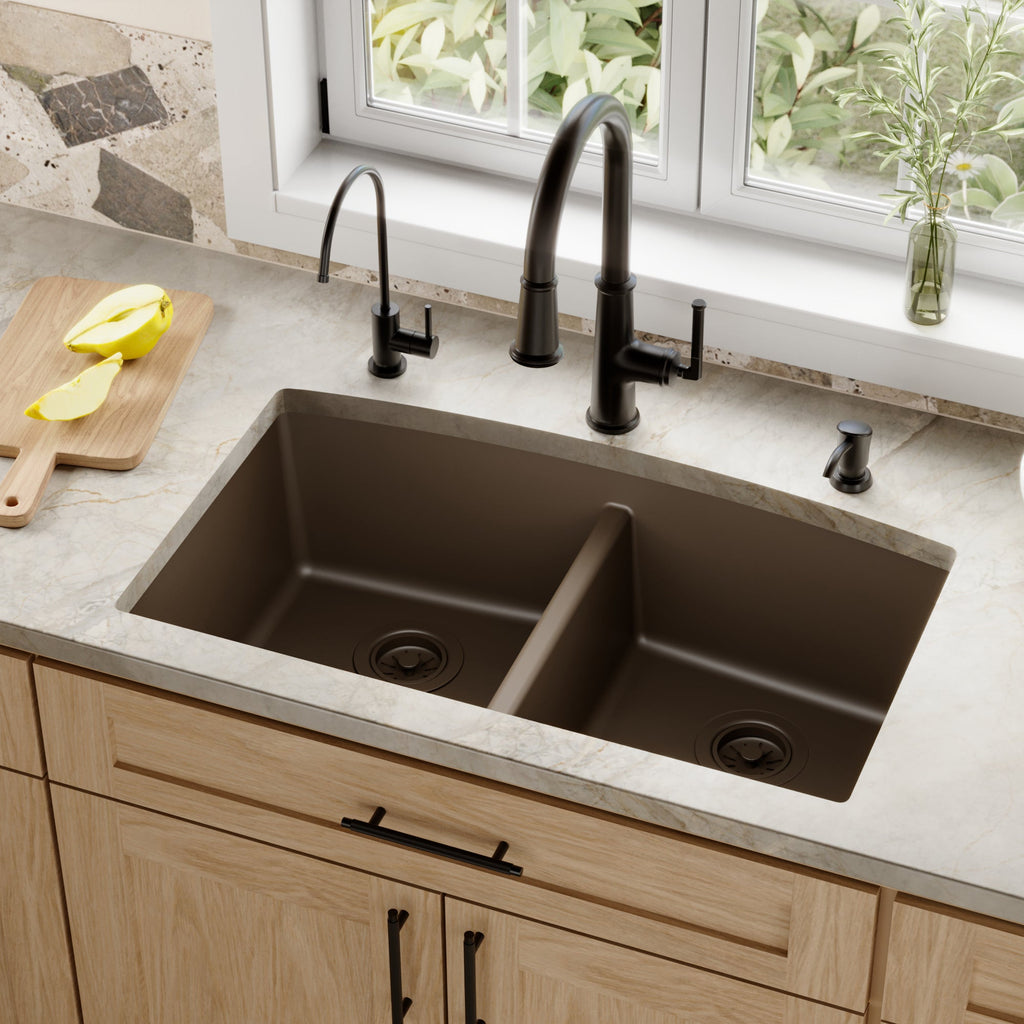 32-1/2" Undermount Double Equal Bowl Quartz Composite Kitchen Sink In Brown
