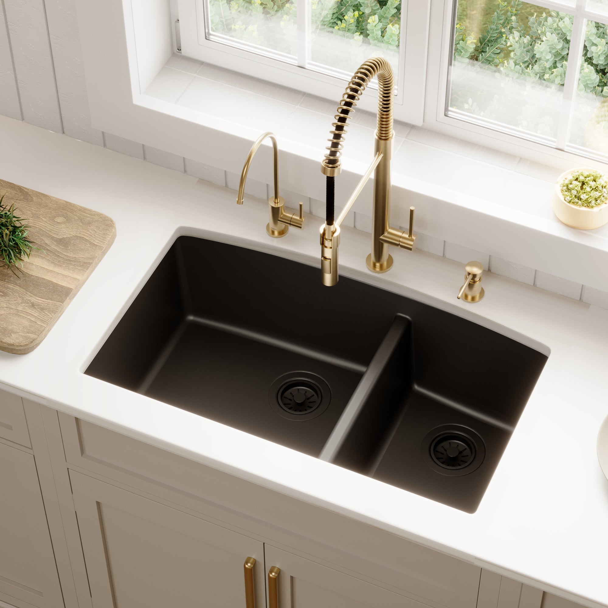 32-1/2" Undermount Double Offset Bowl Quartz Composite Kitchen Sink In Black
