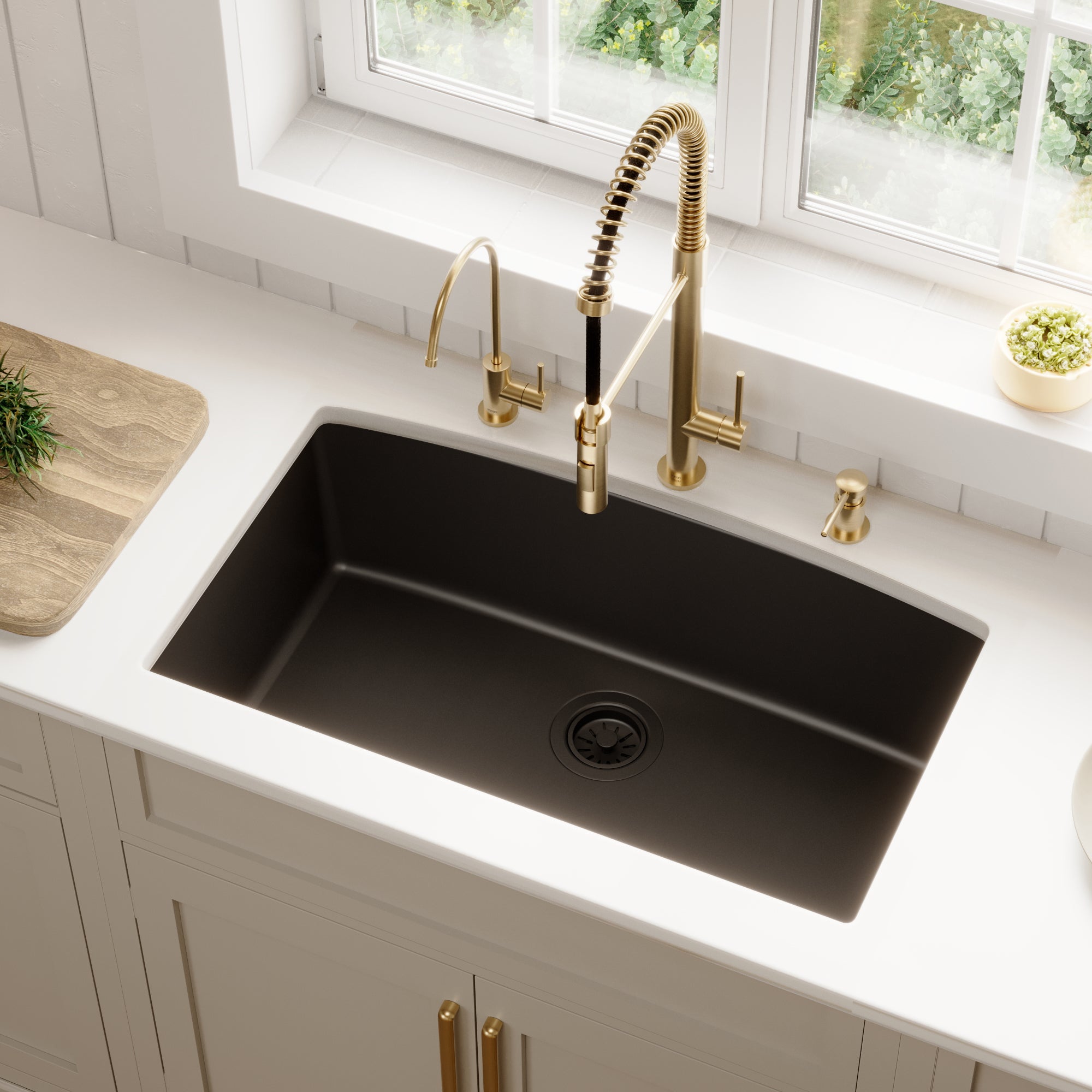 32-1/2" Undermount Large Single Bowl Quartz Composite Kitchen Sink In Black